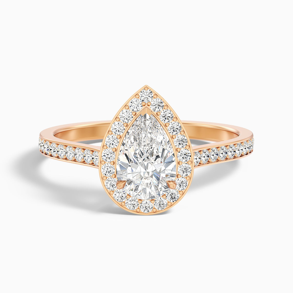 Elena 4 Carat Pear Halo Pave Moissanite Diamond Ring in 14k Yellow Gold