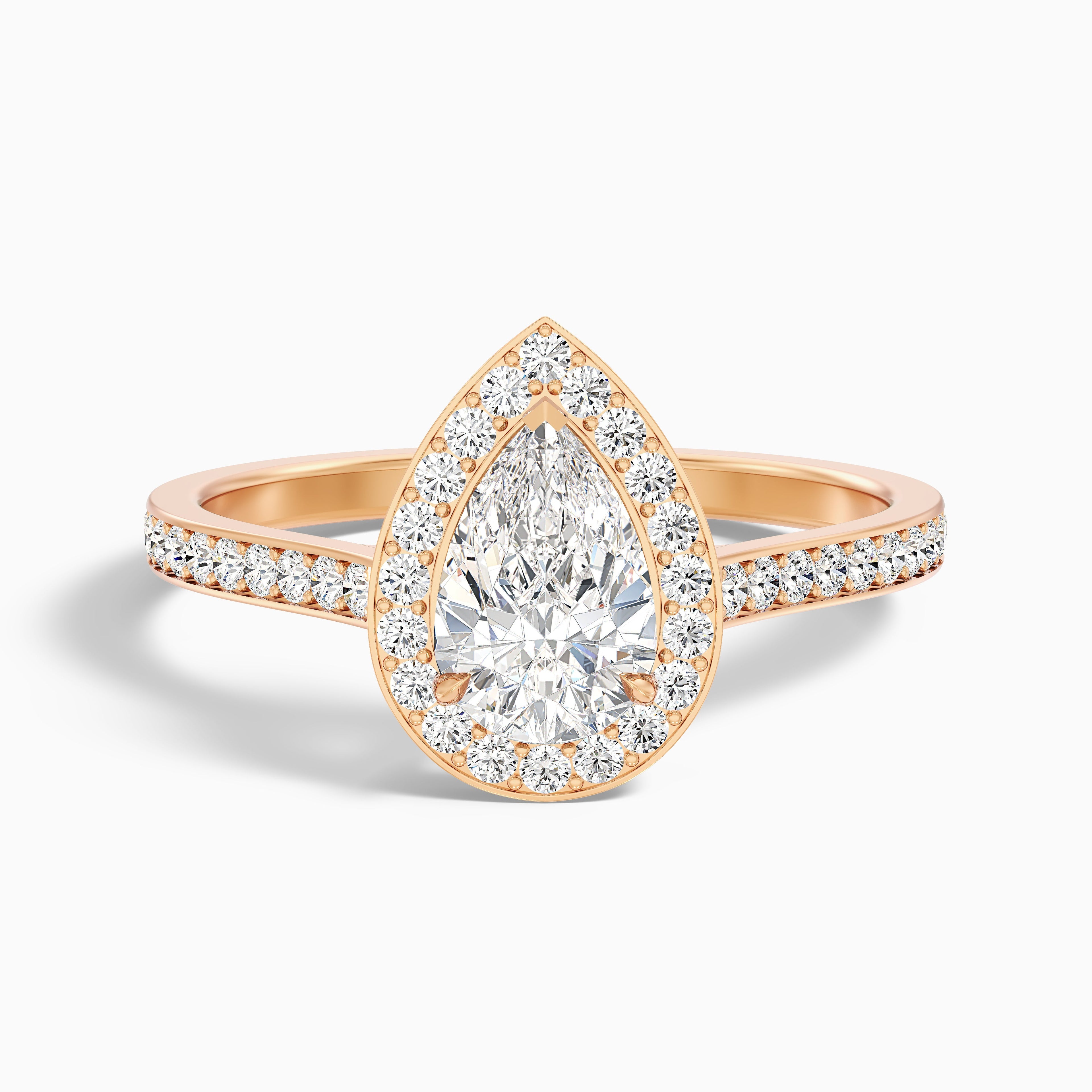 Elena 3 Carat Pear Halo Pave Moissanite Diamond Ring in 18k Rose Gold