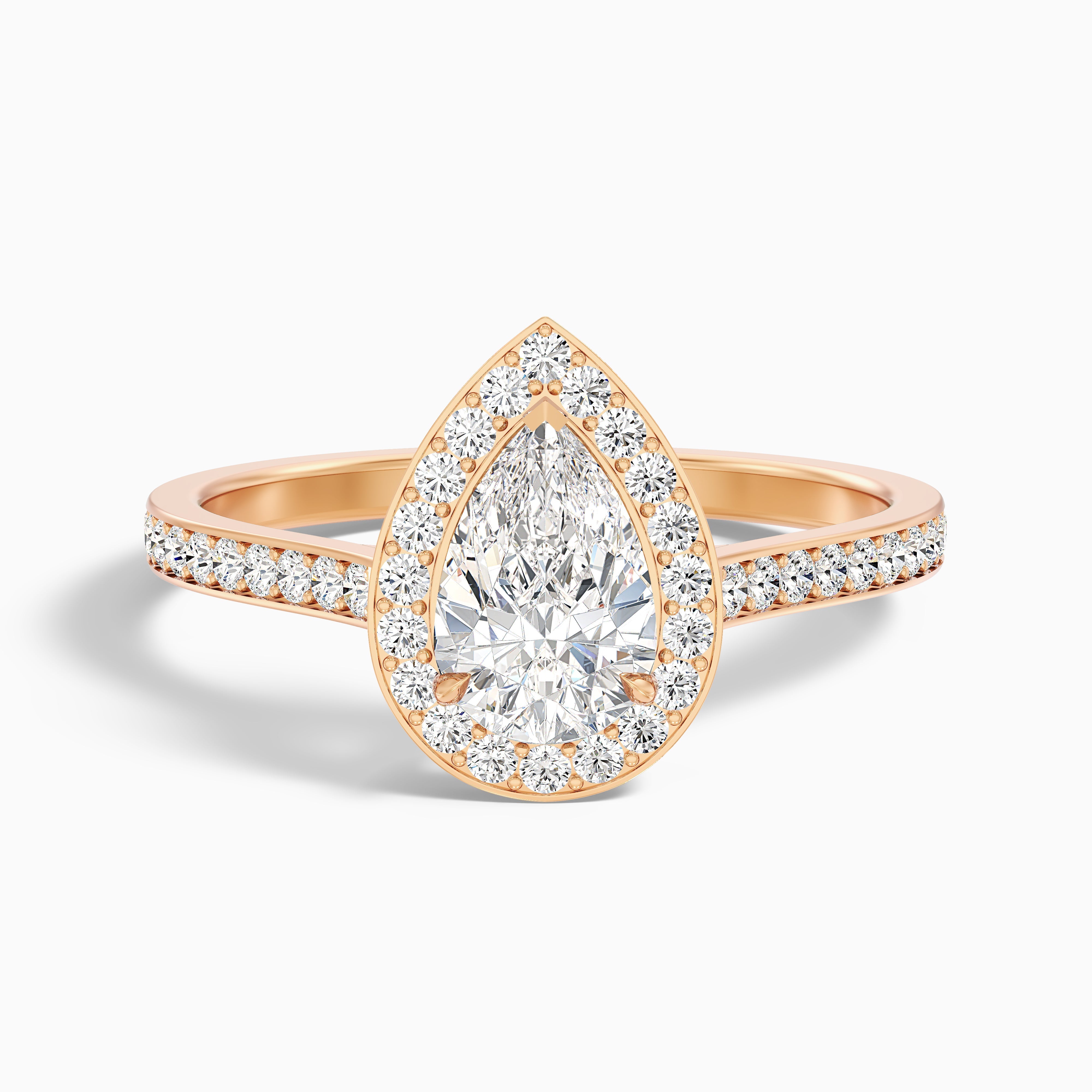 Elena 5.5 Carat Pear Halo Pave Moissanite Diamond Ring in 14k Rose Gold