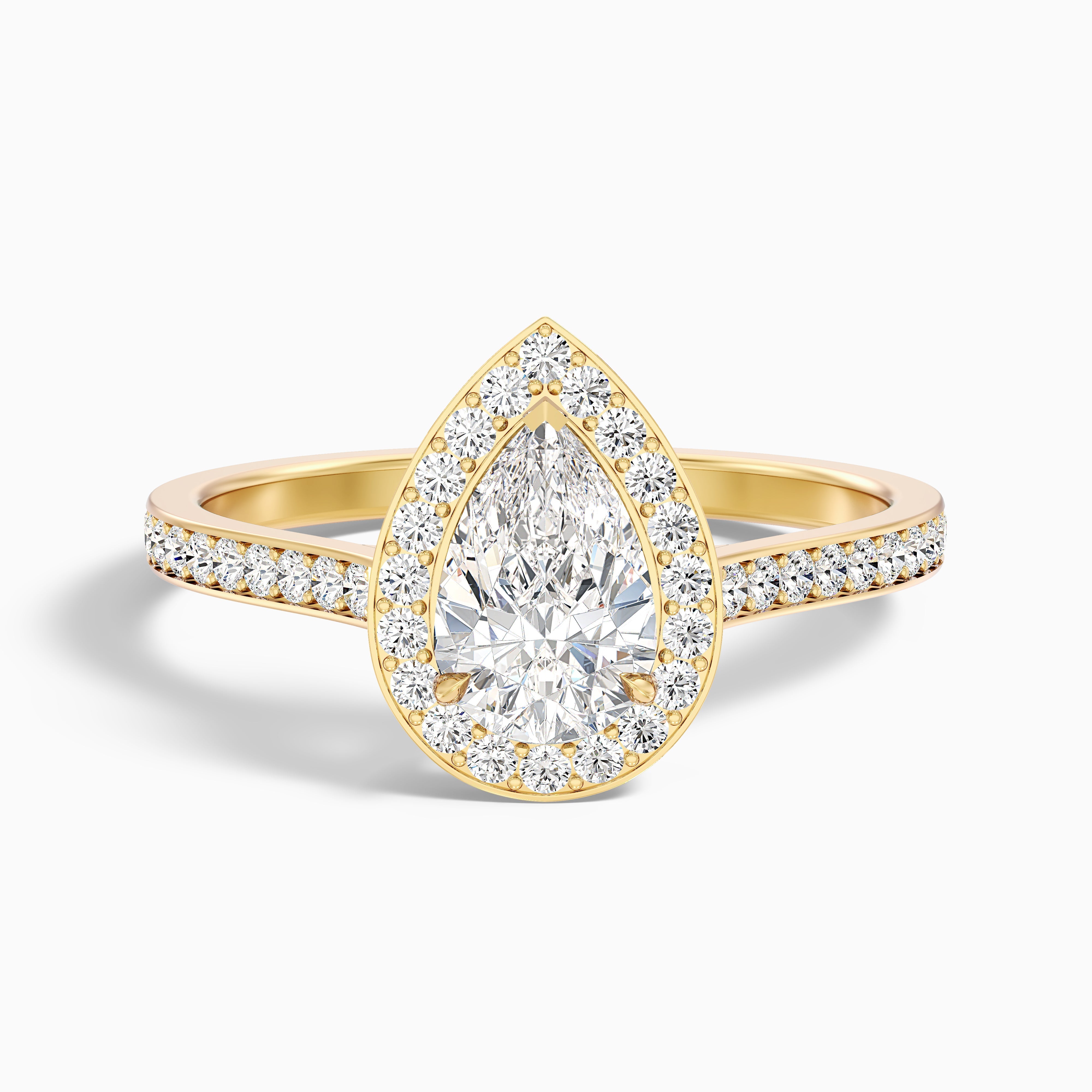 Elena 5 Carat Pear Halo Pave Moissanite Diamond Ring in 14k Yellow Gold