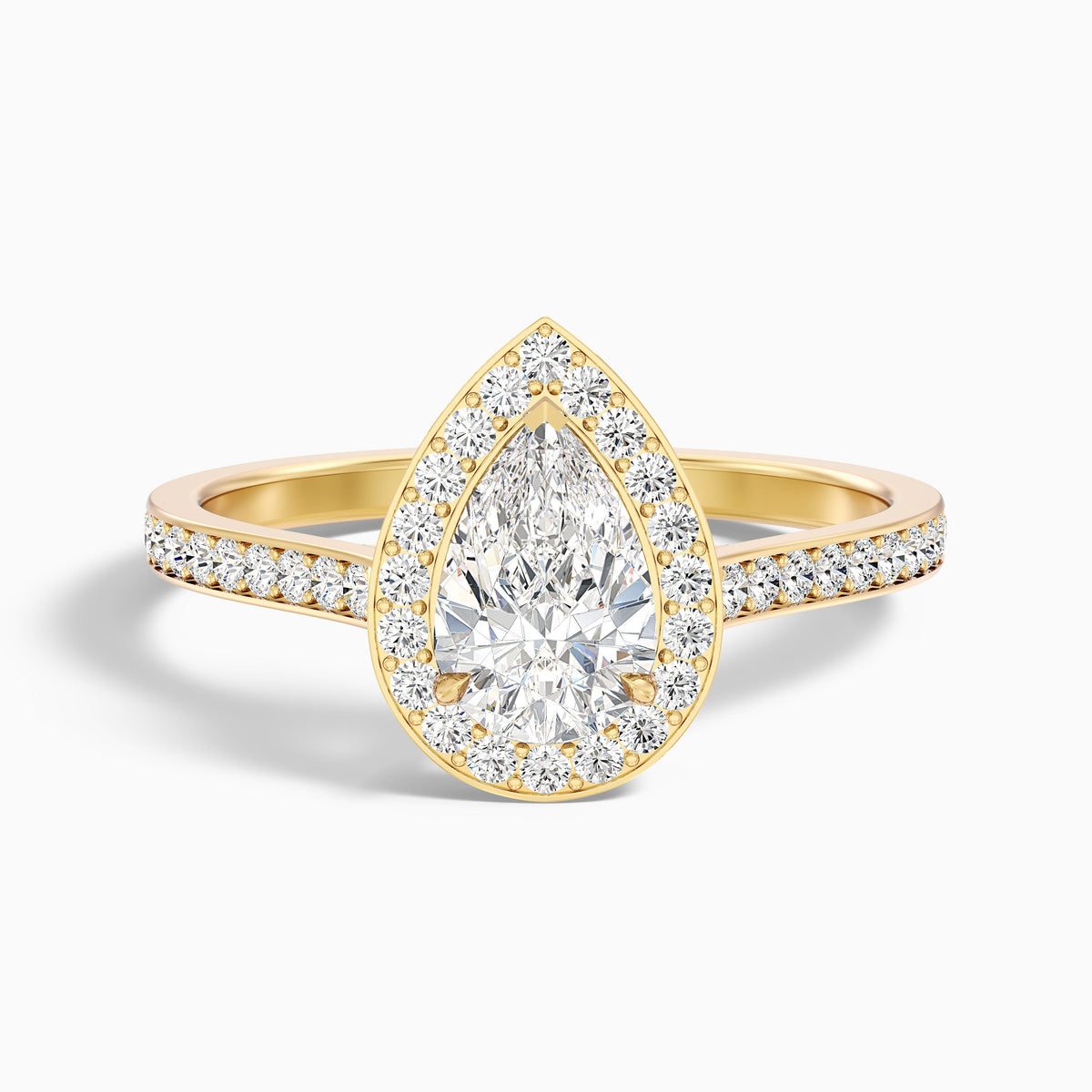 Elena 3 Carat Pear Halo Pave Moissanite Diamond Ring in 18k Rose Gold