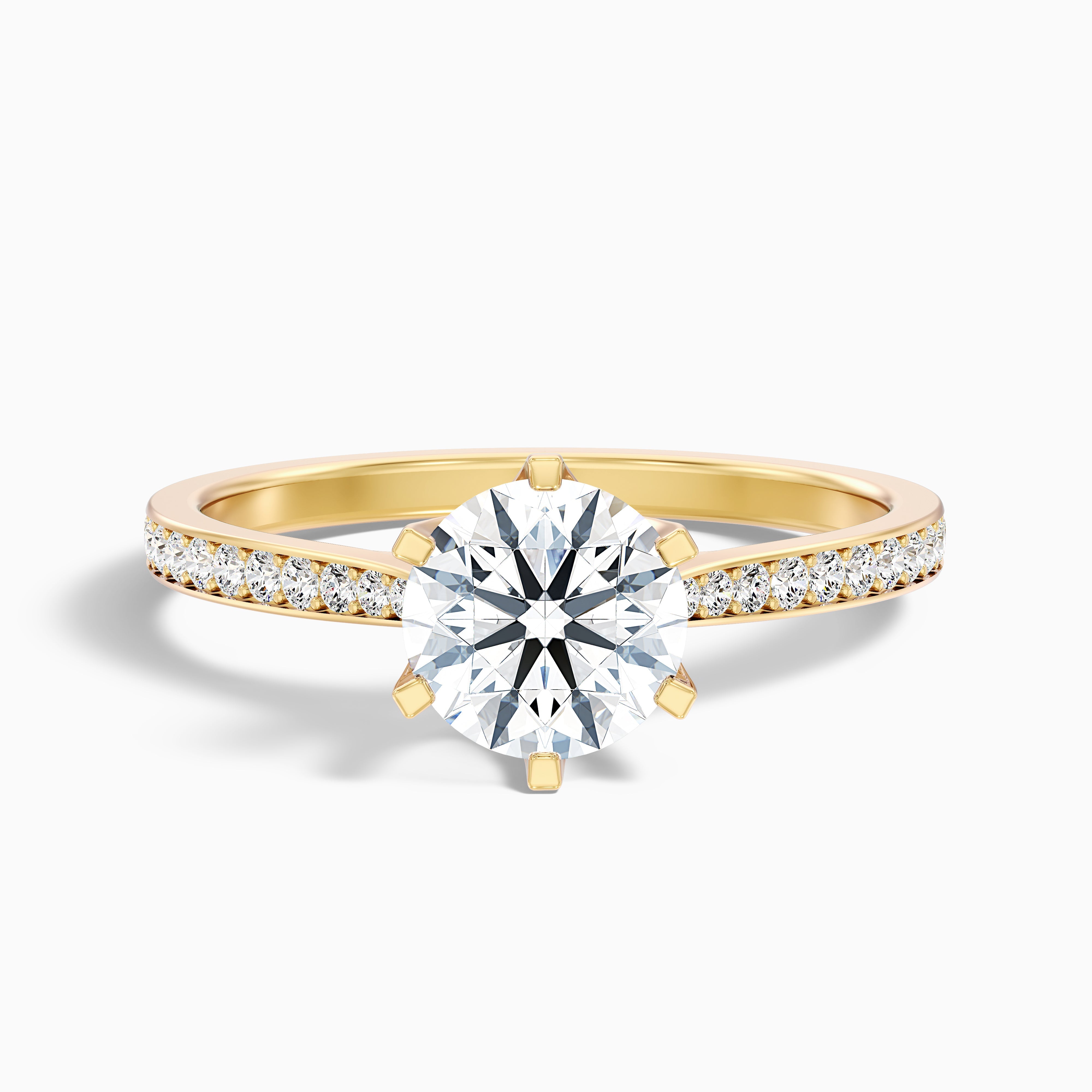 Esha 5 Carat Round Side Stone Pave Moissanite Diamond Ring in 14k Yellow Gold