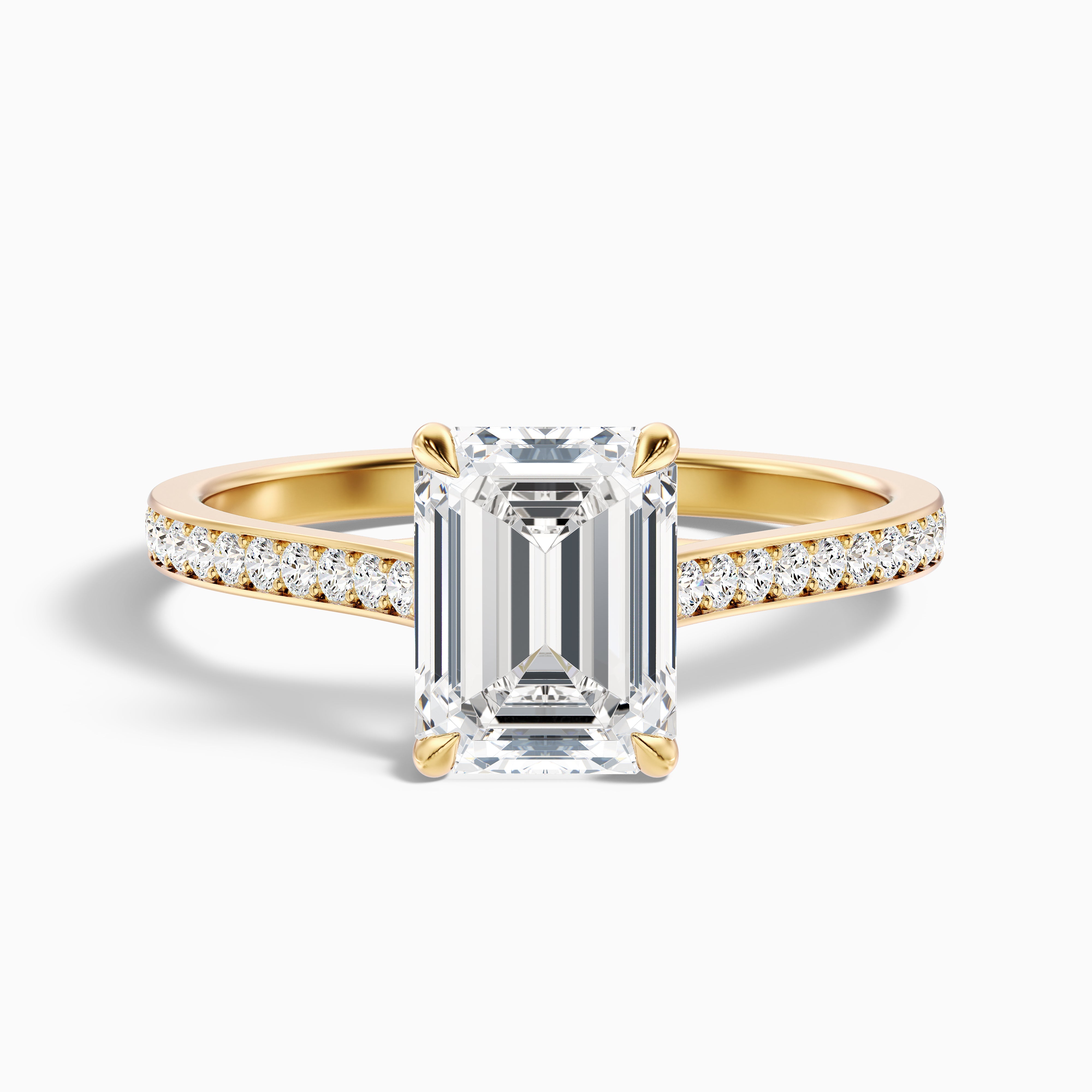 Enni 5.5 Carat Emerald Cut Side Stone Pave Moissanite Diamond Ring in 14k Yellow Gold