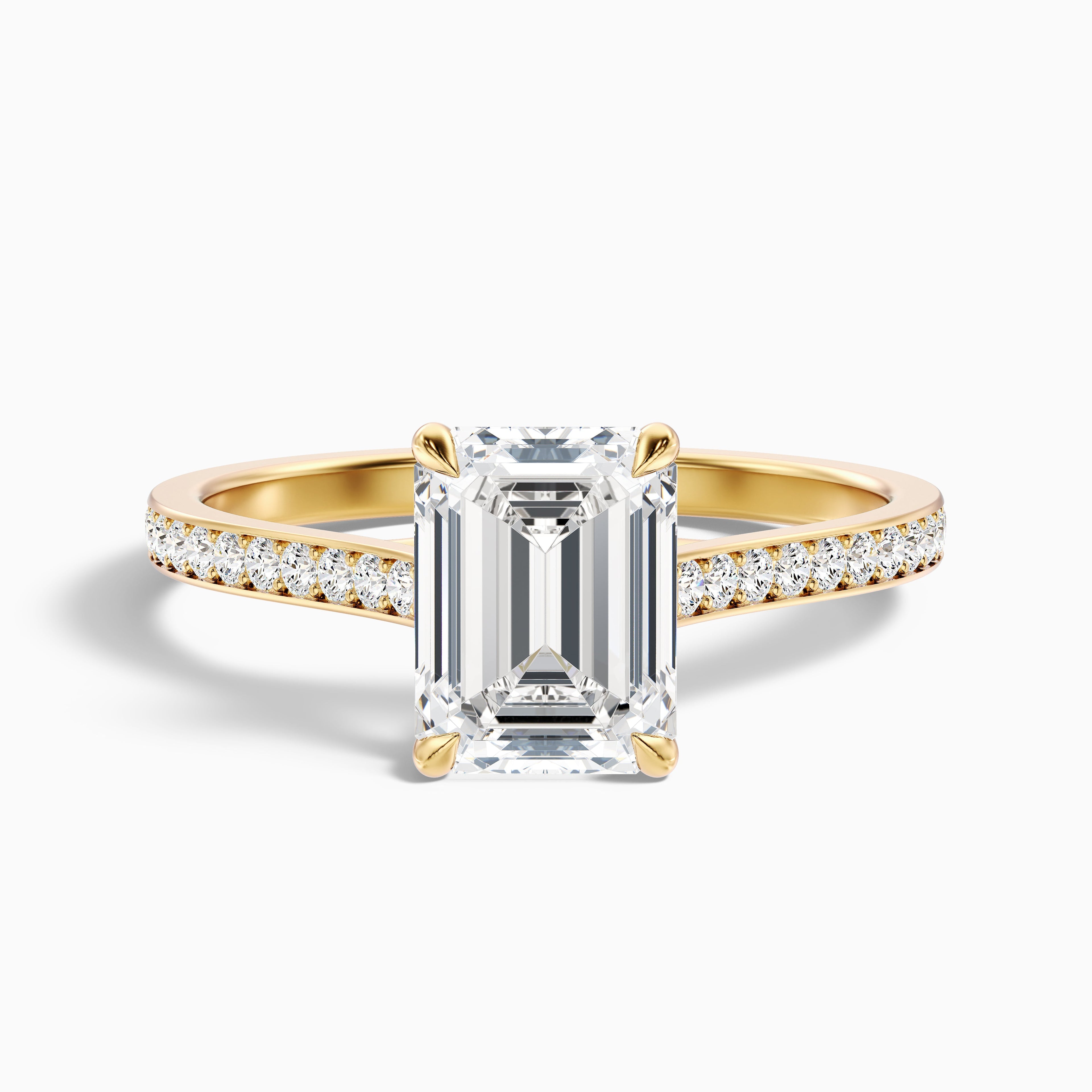 Enni 1.5 Carat Emerald Cut Side Stone Pave Moissanite Diamond Ring in 14k Yellow Gold