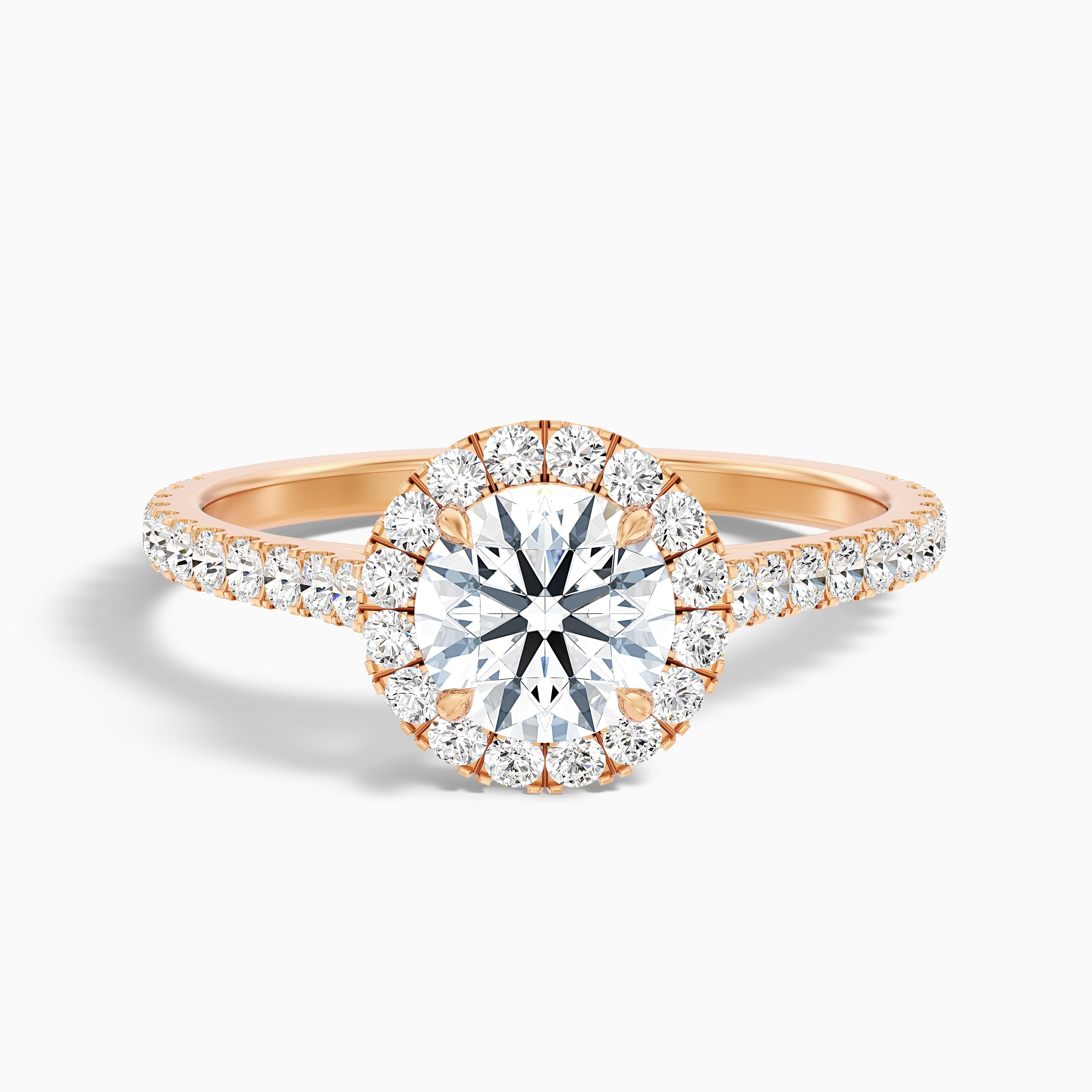 Pearl 5 Carat Round Halo Pave Moissanite Diamond Ring in 14k Rose Gold