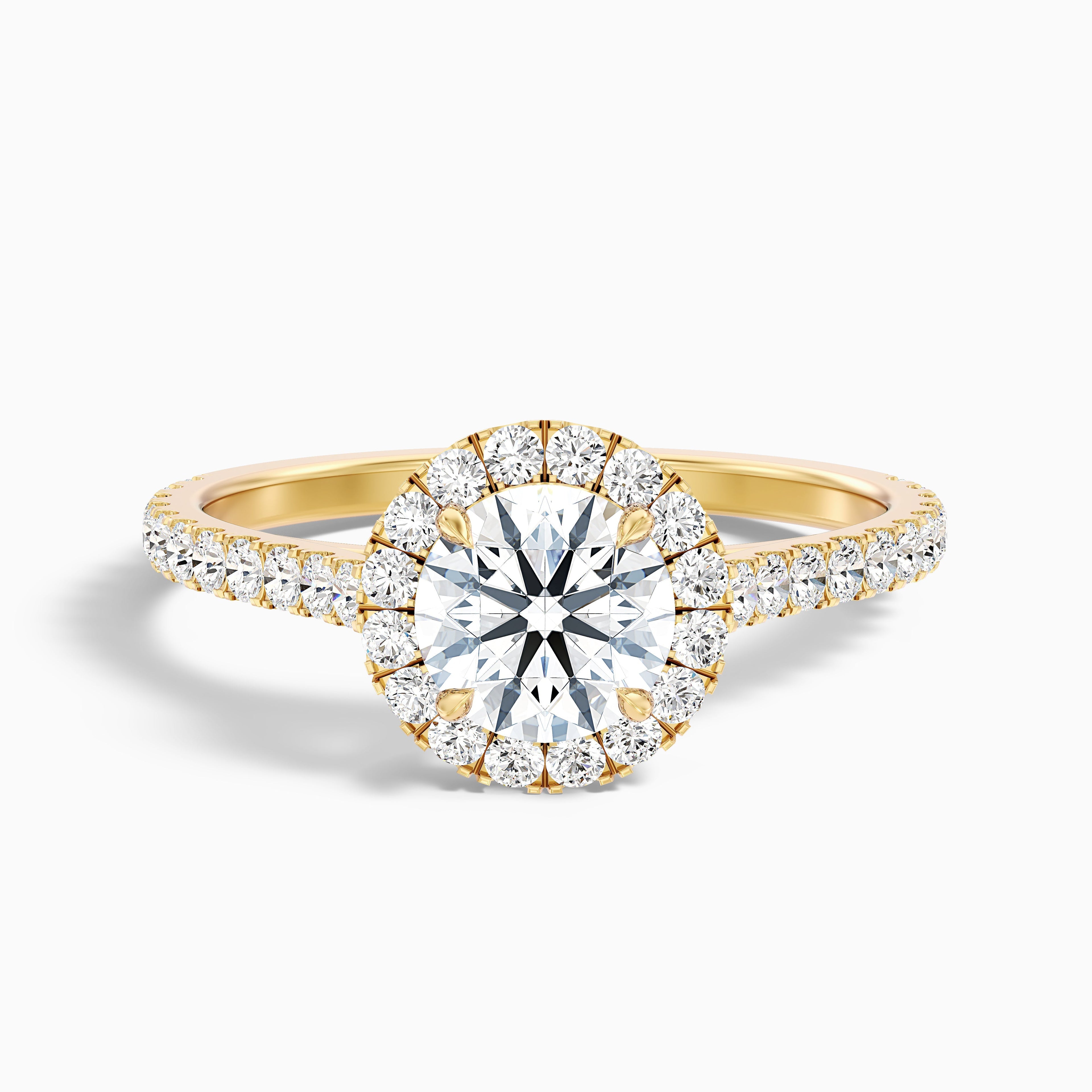 Pearl 4.5 Carat Round Halo Pave Moissanite Diamond Ring in 14k Yellow Gold
