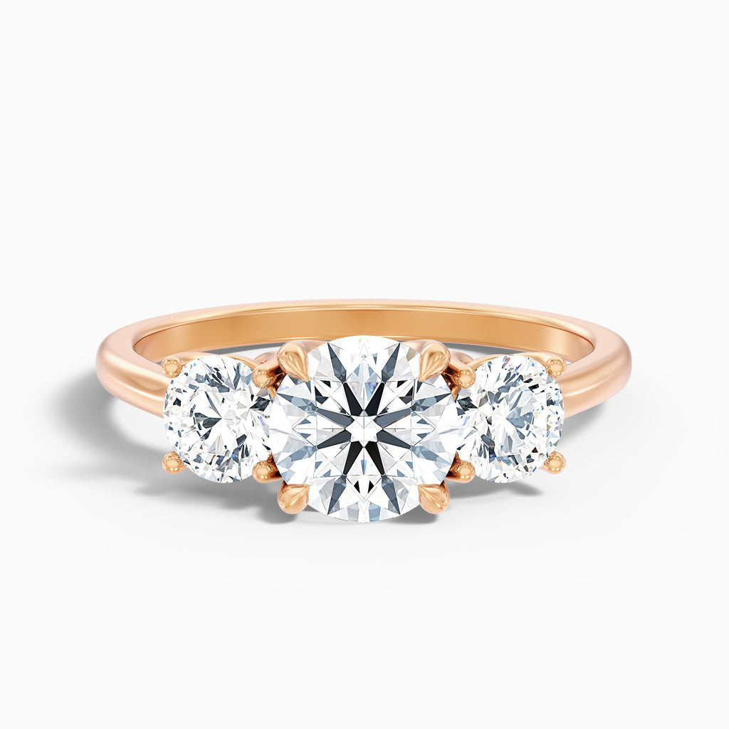 Olive 3 Carat Round 3 Stone Moissanite Diamond Ring in 18k Rose Gold