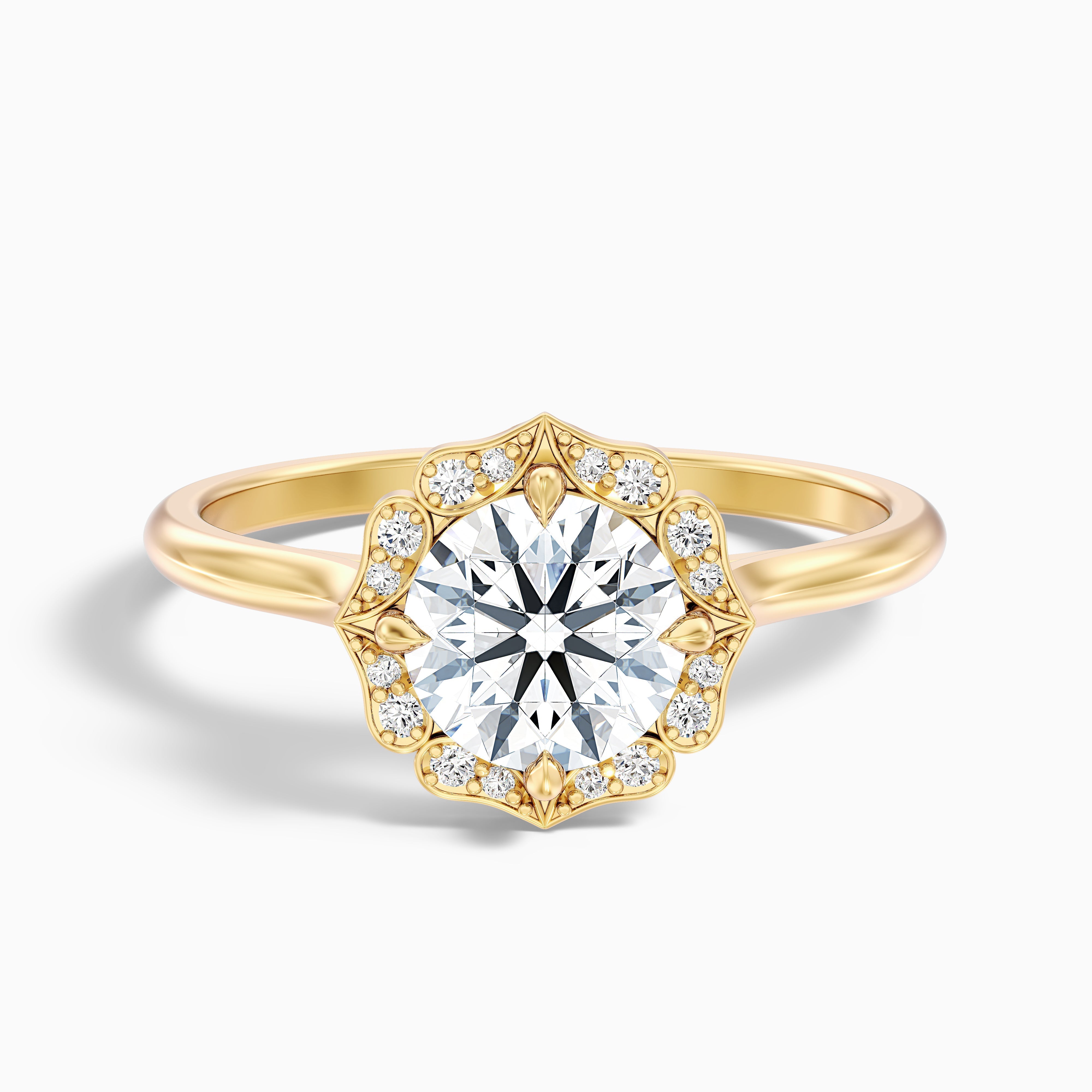 Ruby 5 Carat Round Halo Moissanite Diamond Ring in 14k Yellow Gold