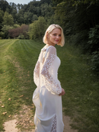 Minimalist Square Neck Wedding Dress with Sheer Embroidered Sleeves – Modern Bridal Elegance SelenaHuanStudio