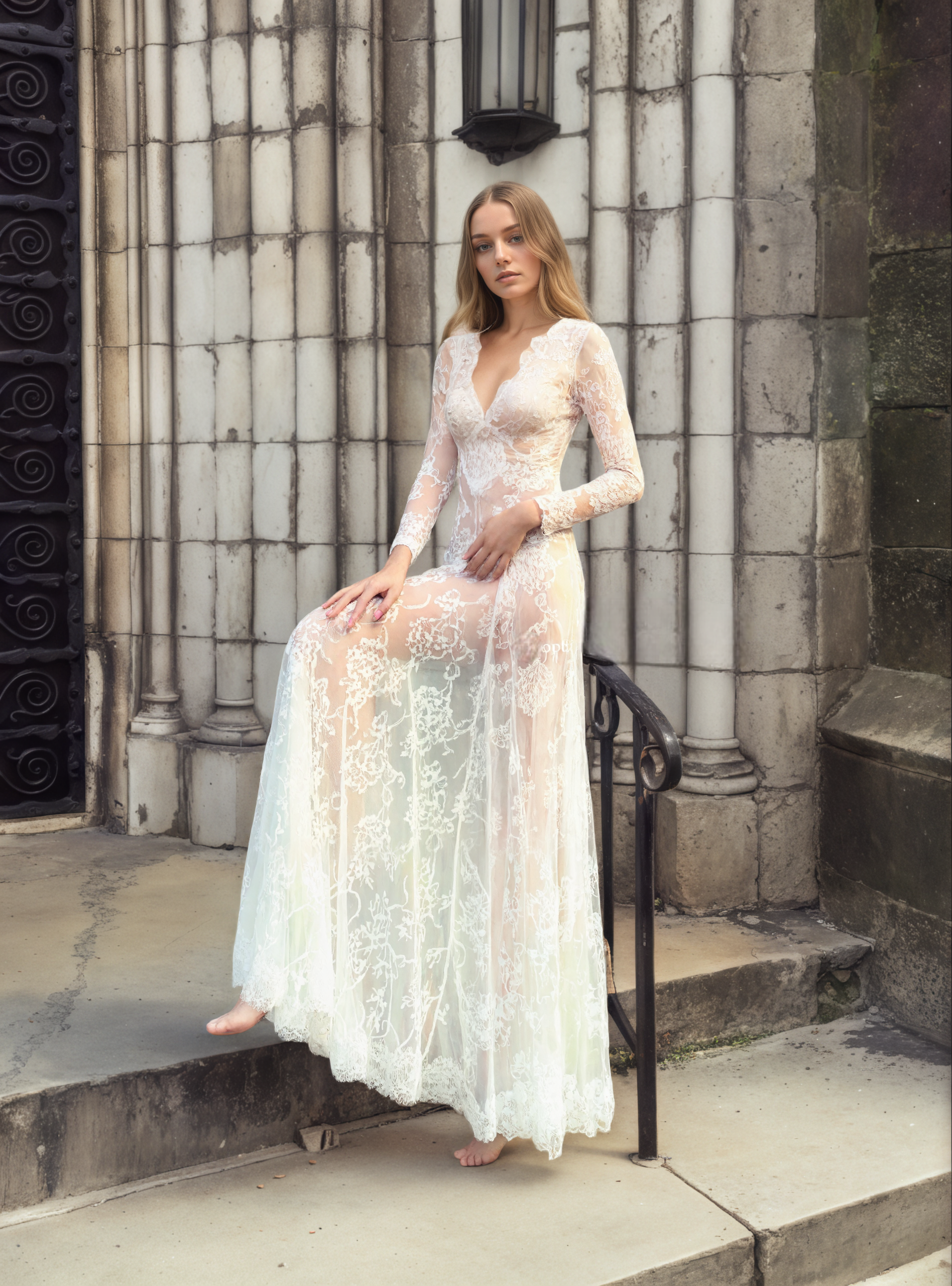 Luxury Long Sleeve Lace Sheer Robe Dress | Bridal Getting Ready & Boudoir Gown SelenaHuanStudio
