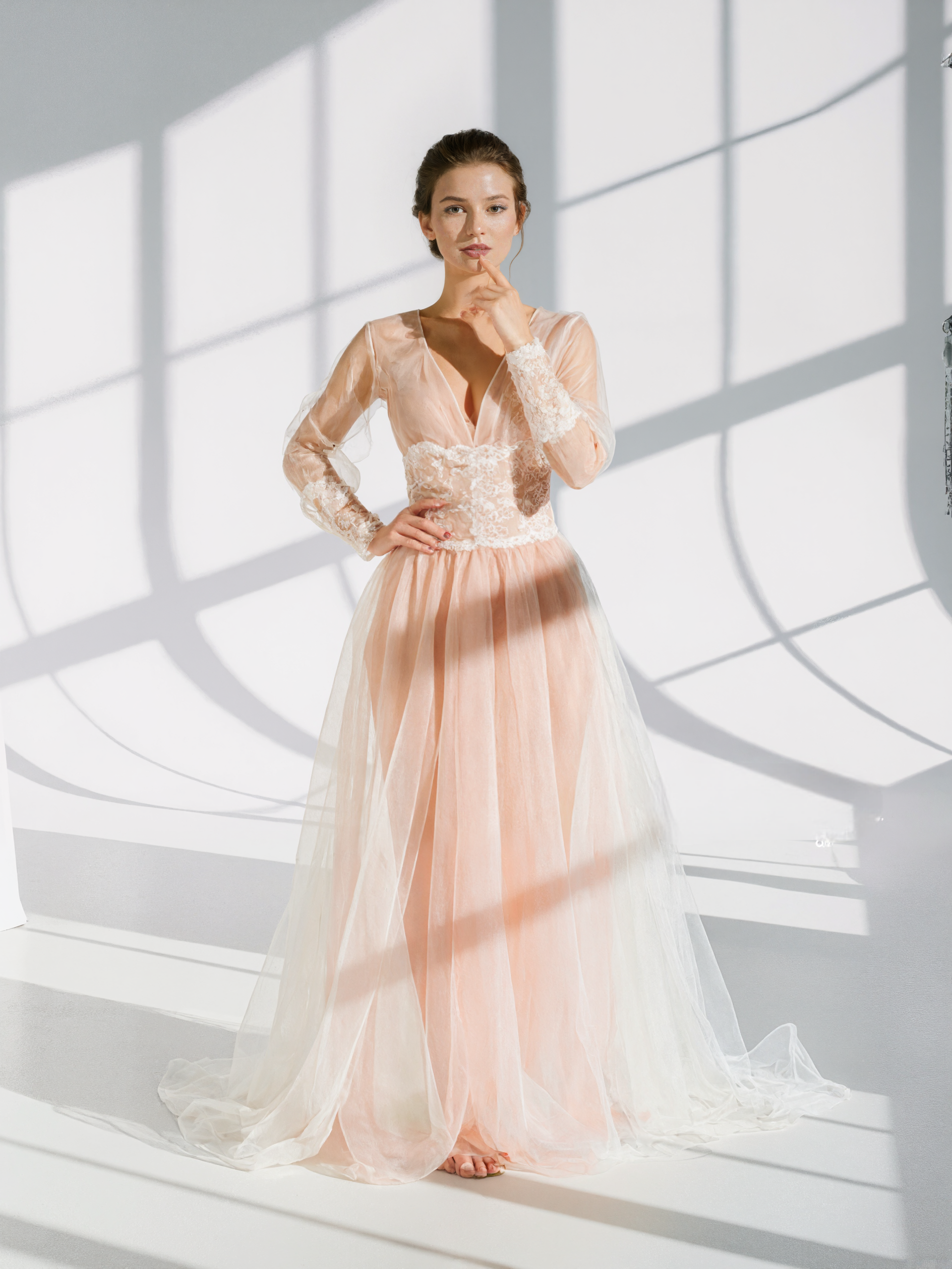 Luxury Peach Pink Sheer Lace Corset Robe Dress | Long Sleeve Bridal Boudoir Gown with Tulle Skirt SelenaHuanStudio