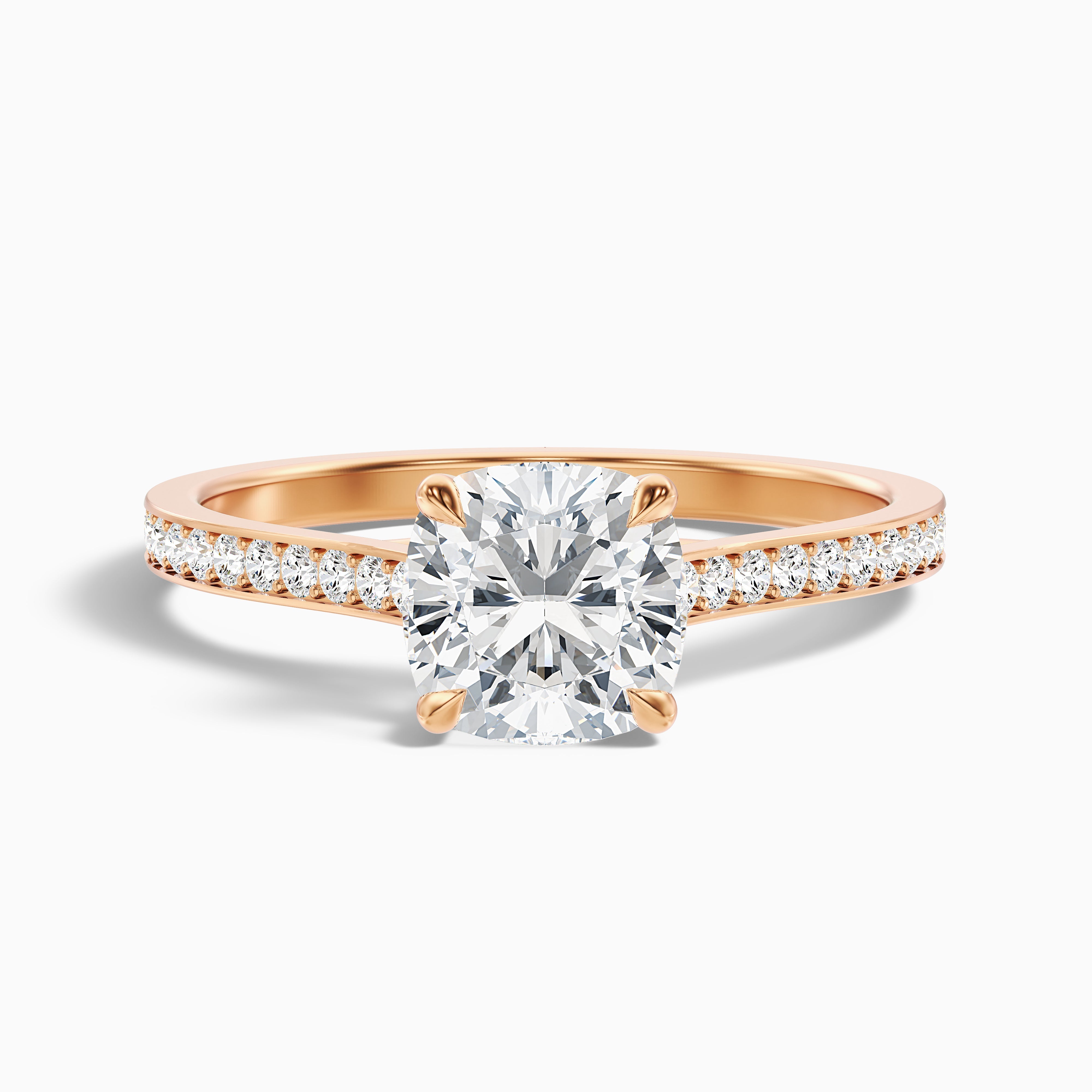 Nina 5 Carat Cushion Cut Side Stone Pave Moissanite Diamond Ring in 14k Rose Gold