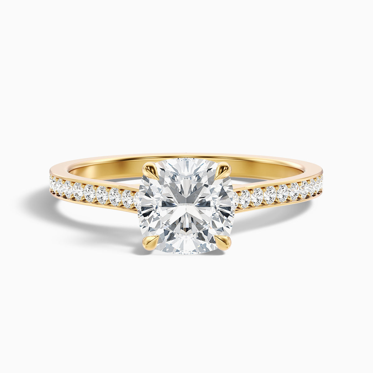 Nina 2 Carat Cushion Cut Side Stone Pave Moissanite Diamond Ring in 14k Yellow Gold