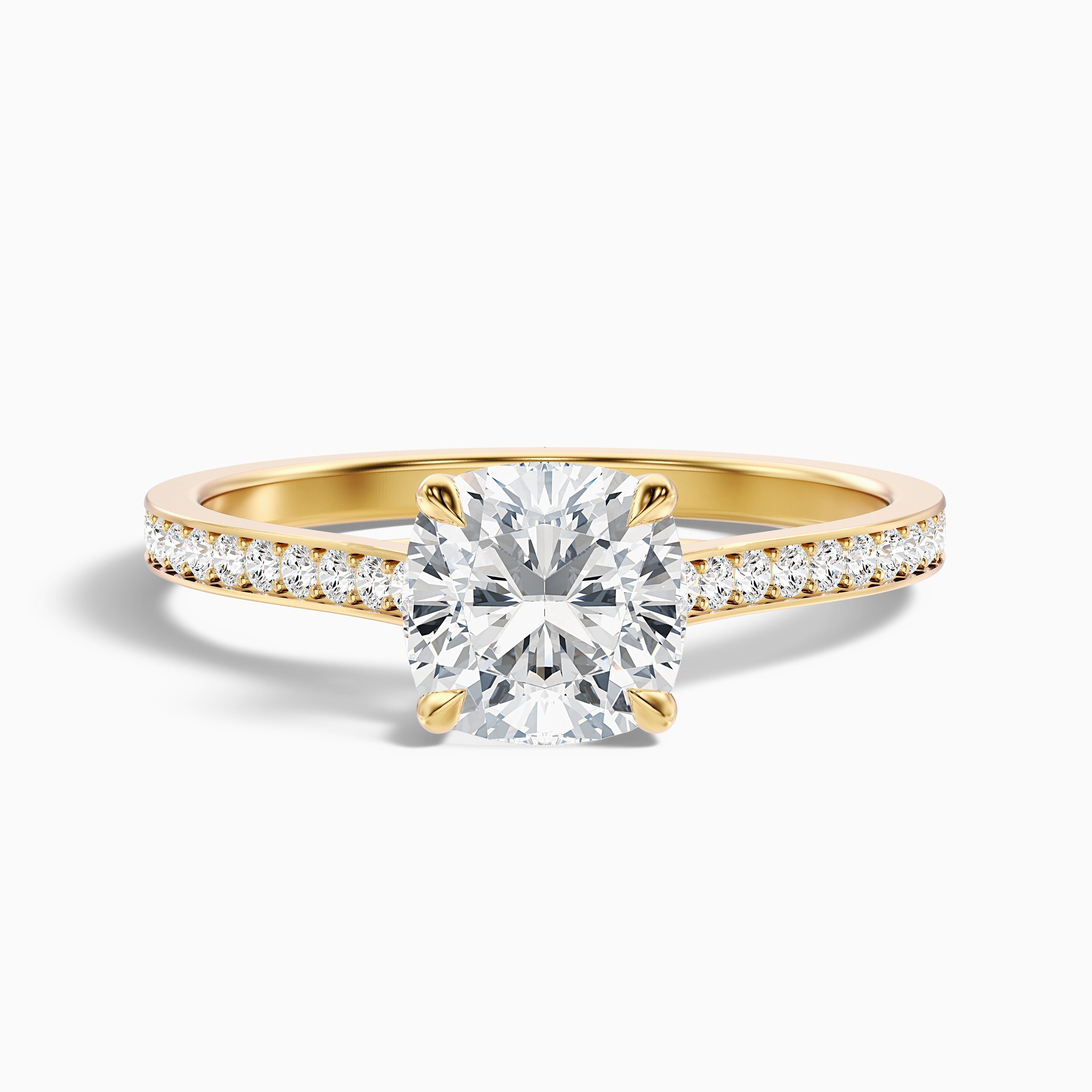Nina 5 Carat Cushion Cut Side Stone Pave Moissanite Diamond Ring in 14k Yellow Gold