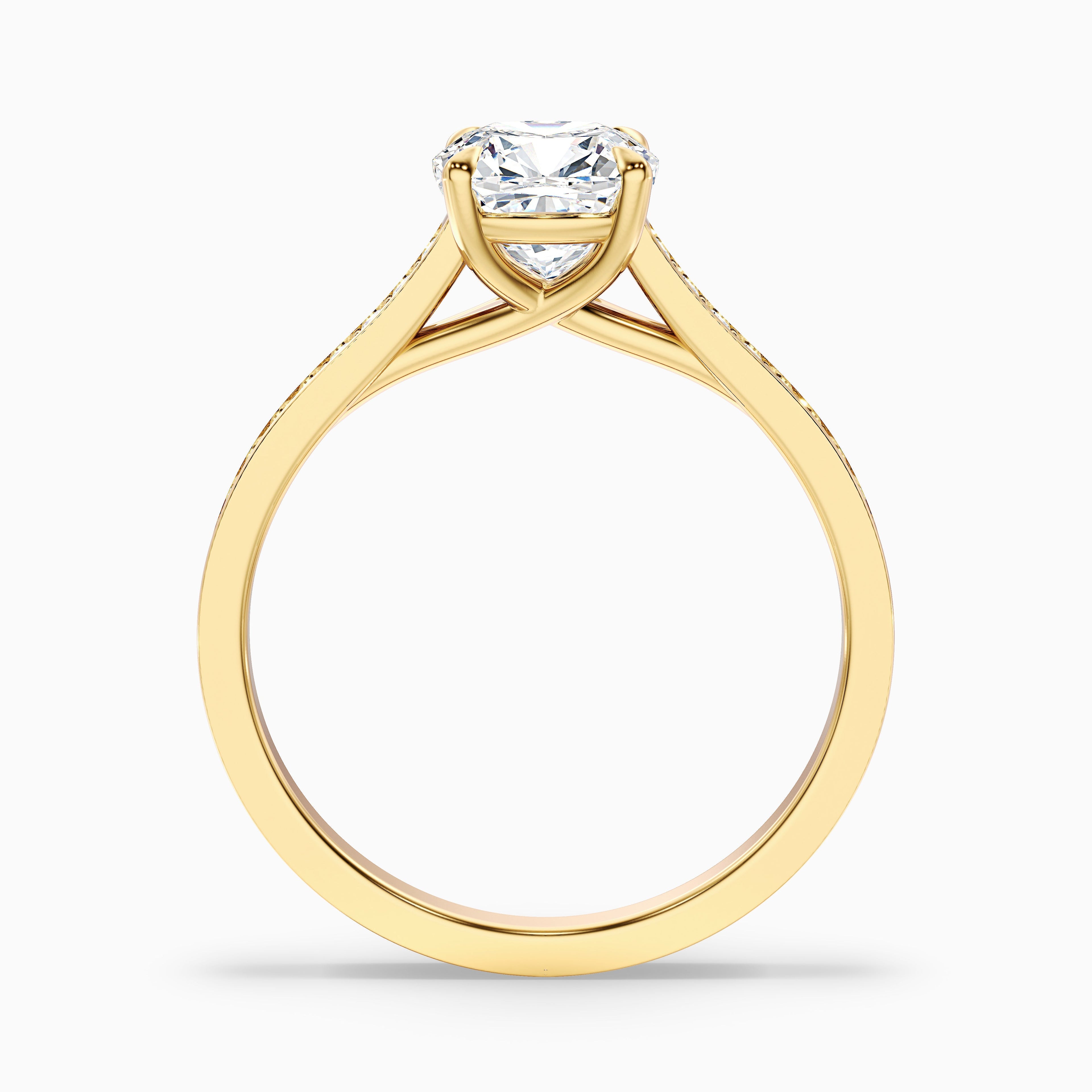 Nina 4 Carat Cushion Cut Side Stone Pave Moissanite Diamond Ring in 14k Yellow Gold