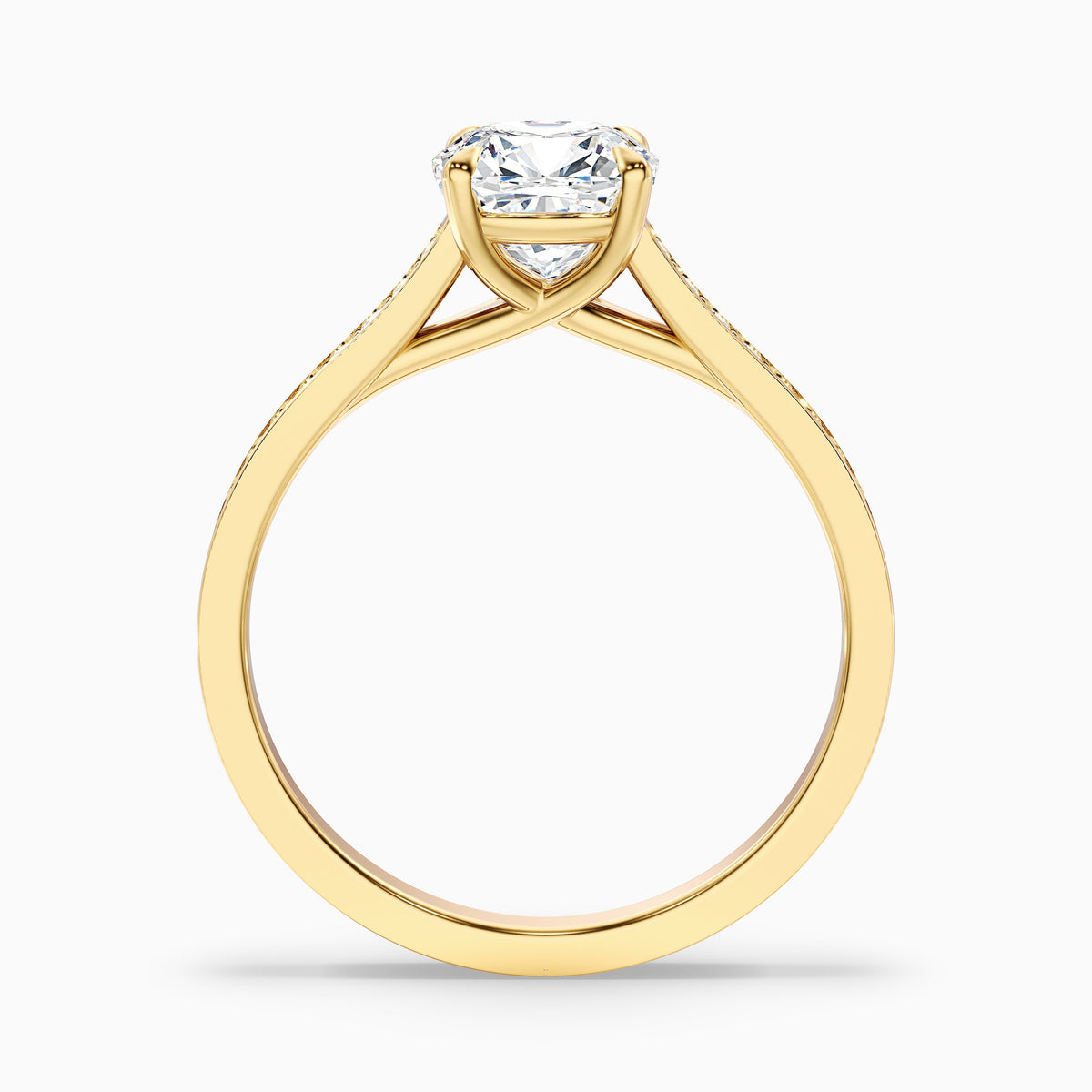 Nina 4 Carat Cushion Cut Side Stone Pave Moissanite Diamond Ring in 18k Yellow Gold