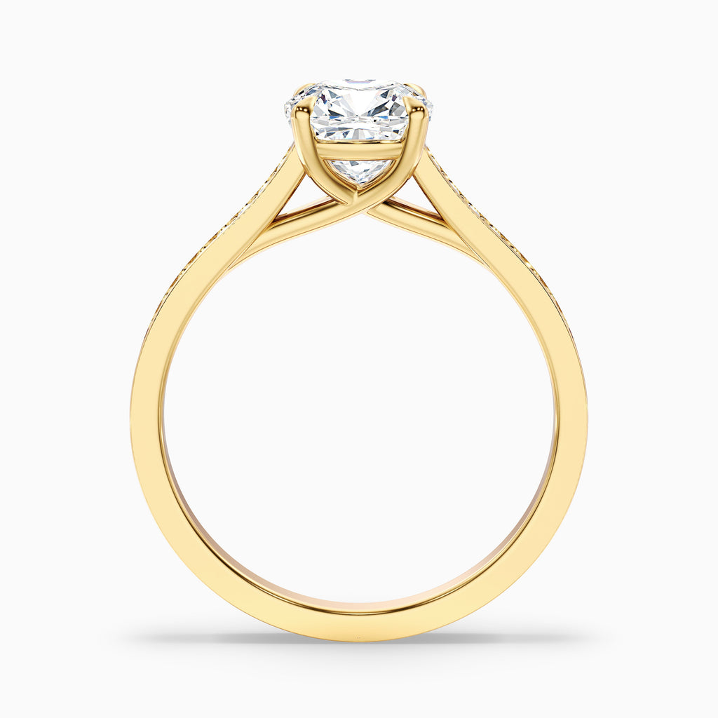 Nina 2.5 Carat Cushion Cut Side Stone Pave Moissanite Diamond Ring in 14k Yellow Gold