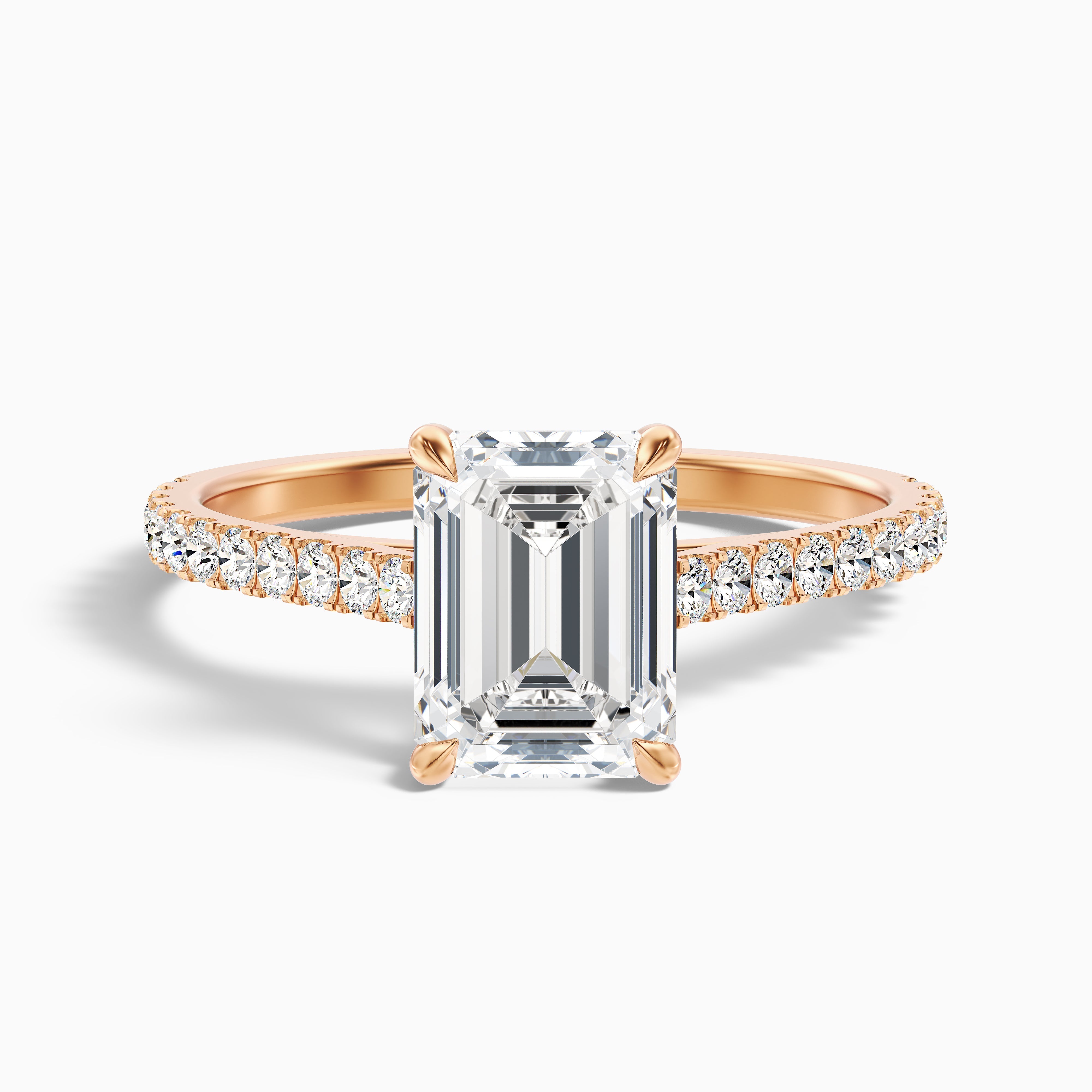 Macy 5 Carat Emerald Cut Side Stone Pave Moissanite Diamond Ring in 14k Rose Gold