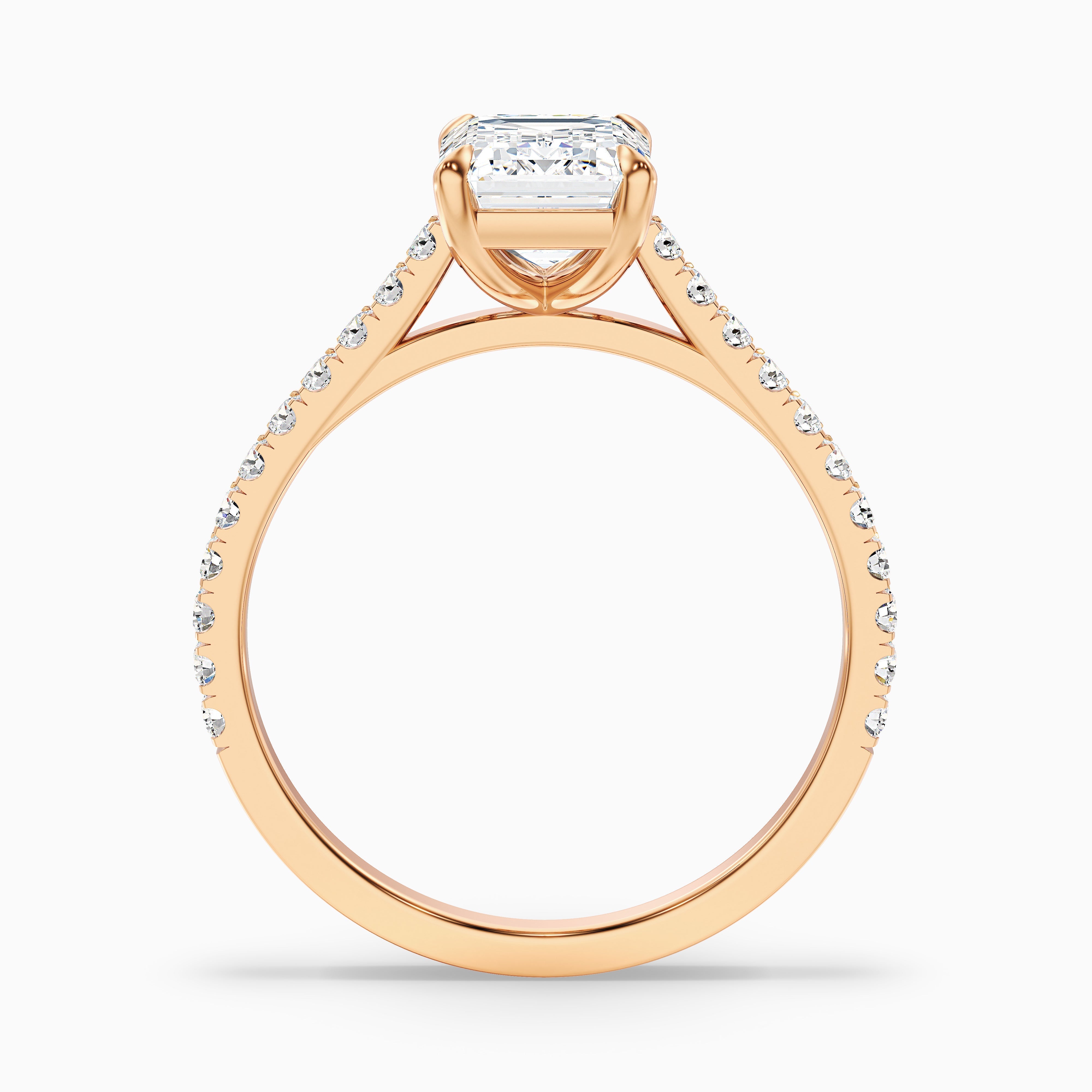 Macy 5 Carat Emerald Cut Side Stone Pave Moissanite Diamond Ring in 18k Rose Gold