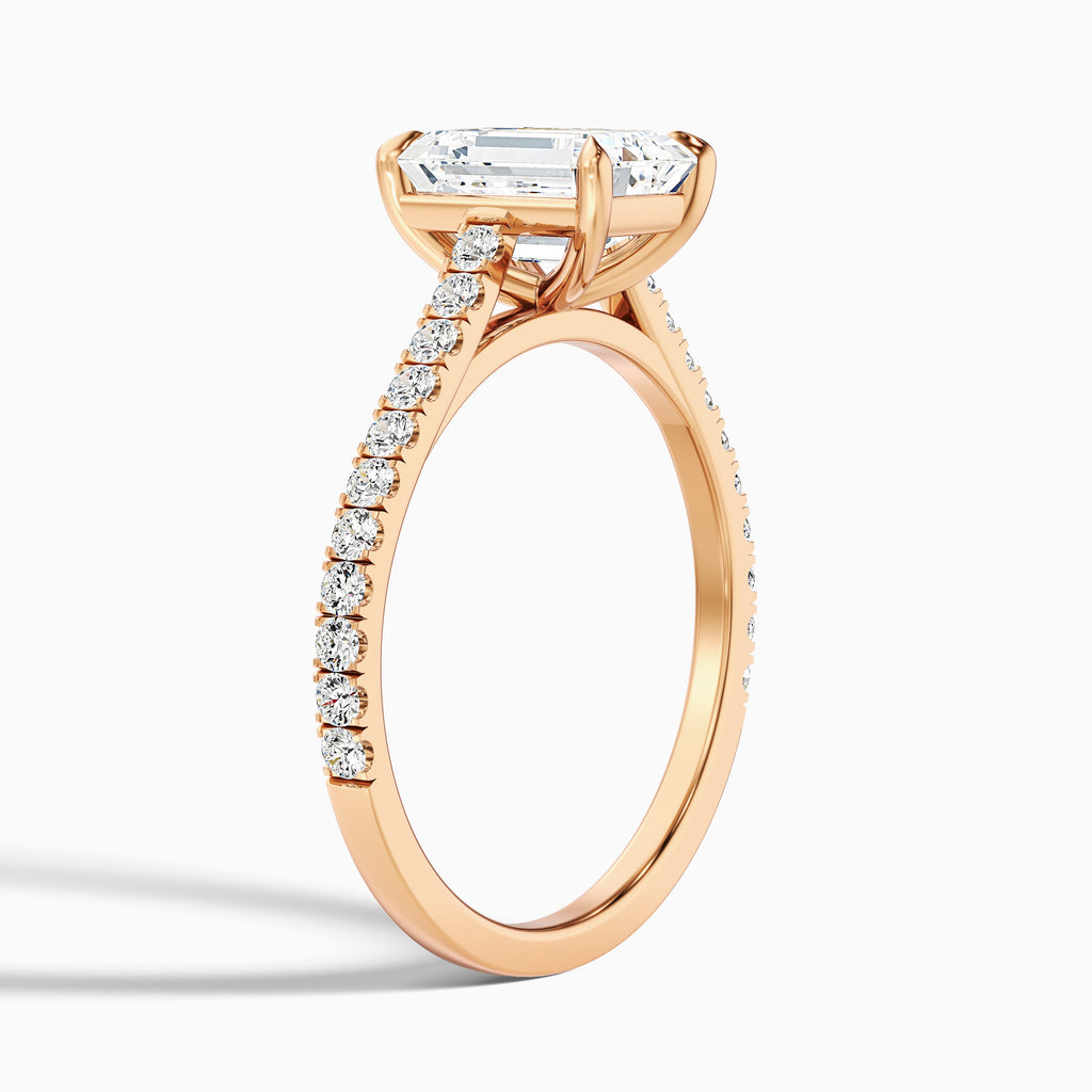 Macy 3 Carat Emerald Cut Side Stone Pave Moissanite Diamond Ring in 18k Rose Gold