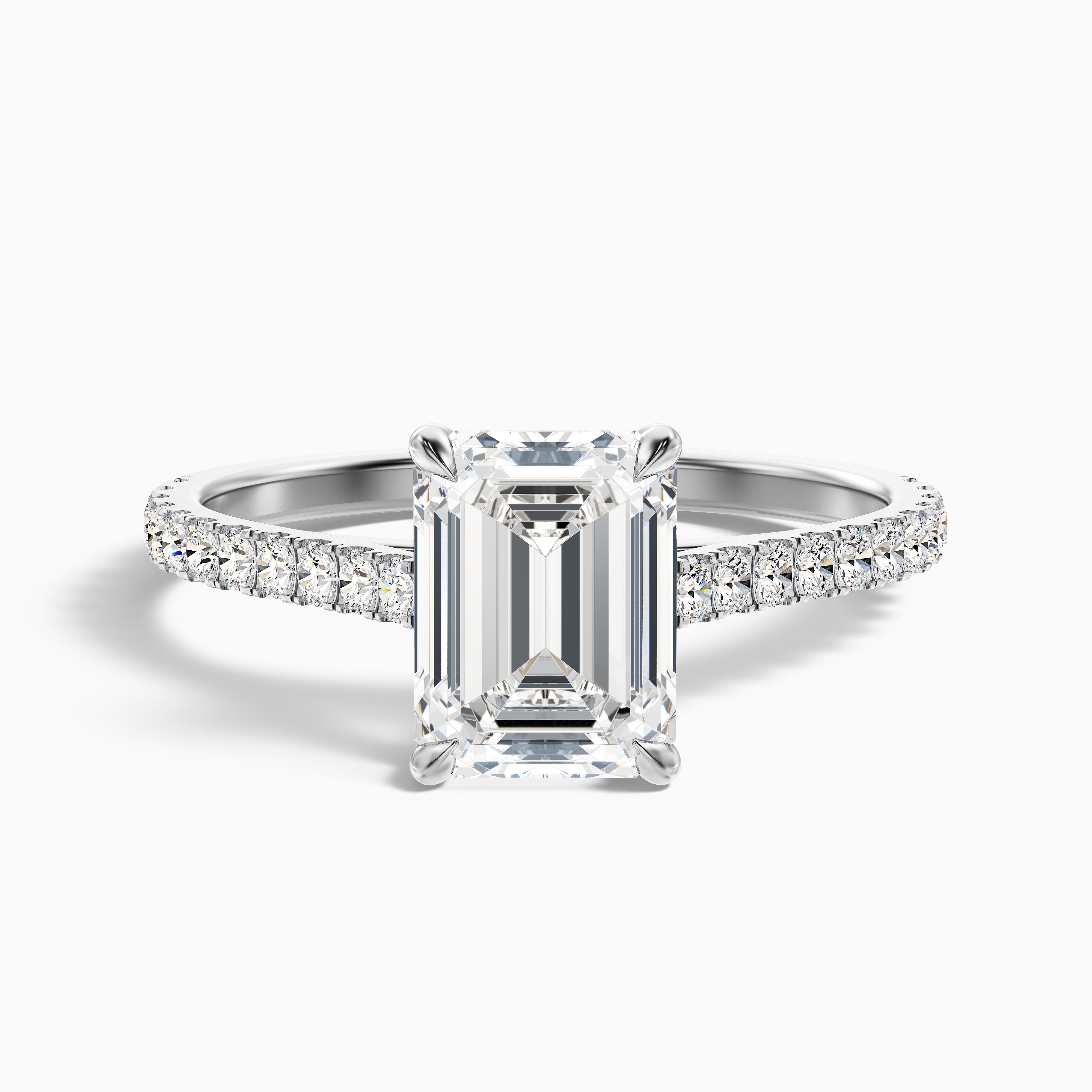 Macy 5 Carat Emerald Cut Side Stone Pave Moissanite Diamond Ring in 14k White Gold