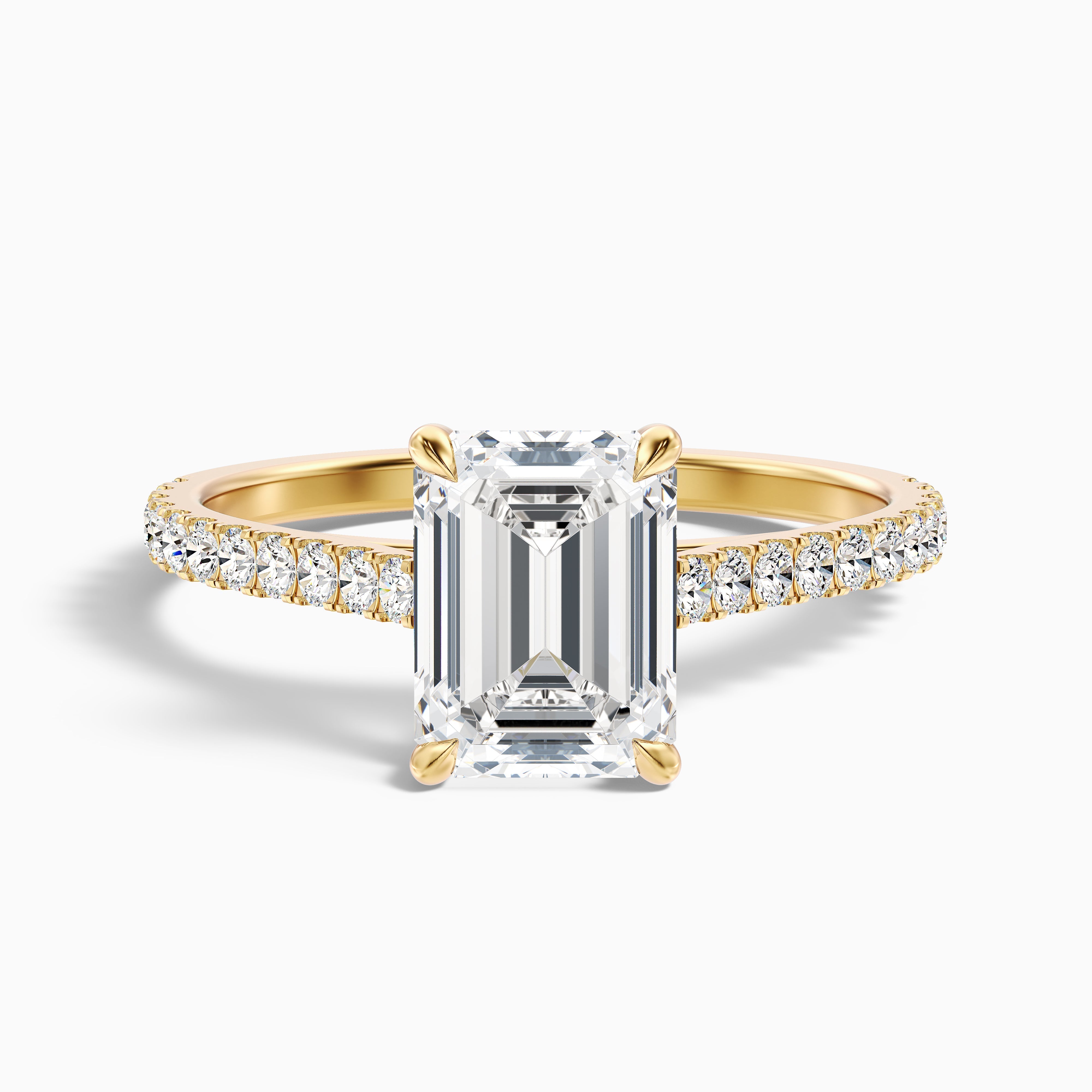Macy 5 Carat Emerald Cut Side Stone Pave Moissanite Diamond Ring in 18k Yellow Gold