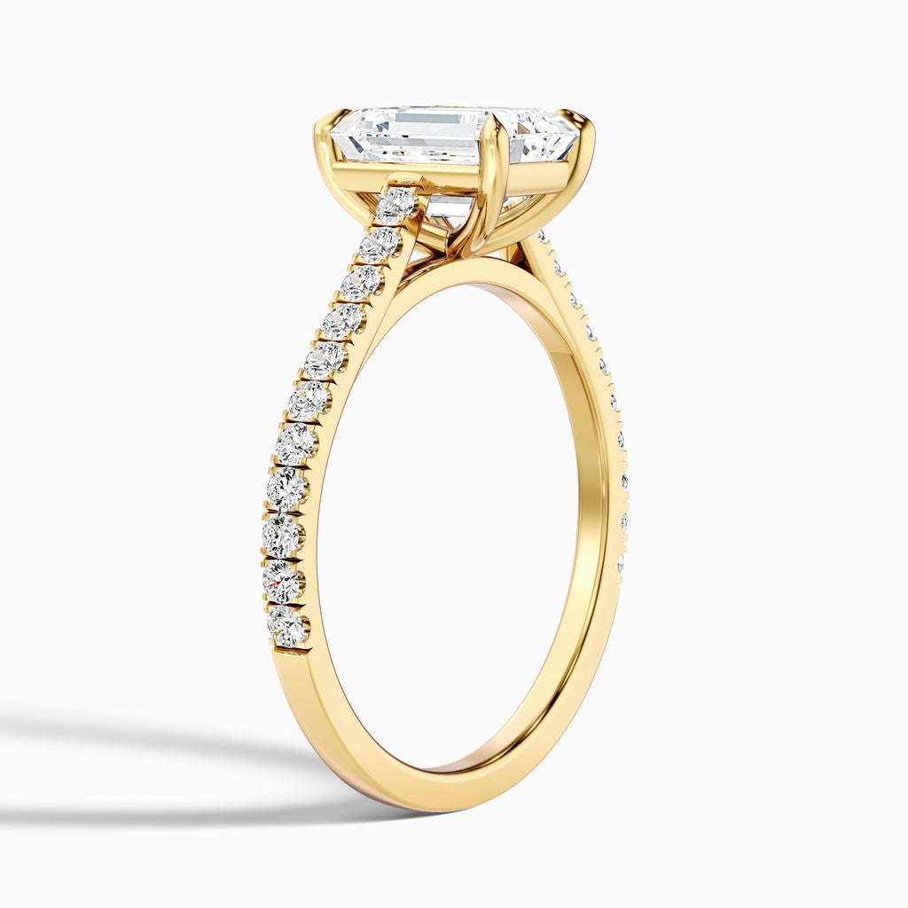 Macy 1.5 Carat Emerald Cut Side Stone Pave Moissanite Diamond Ring in 18k Yellow Gold