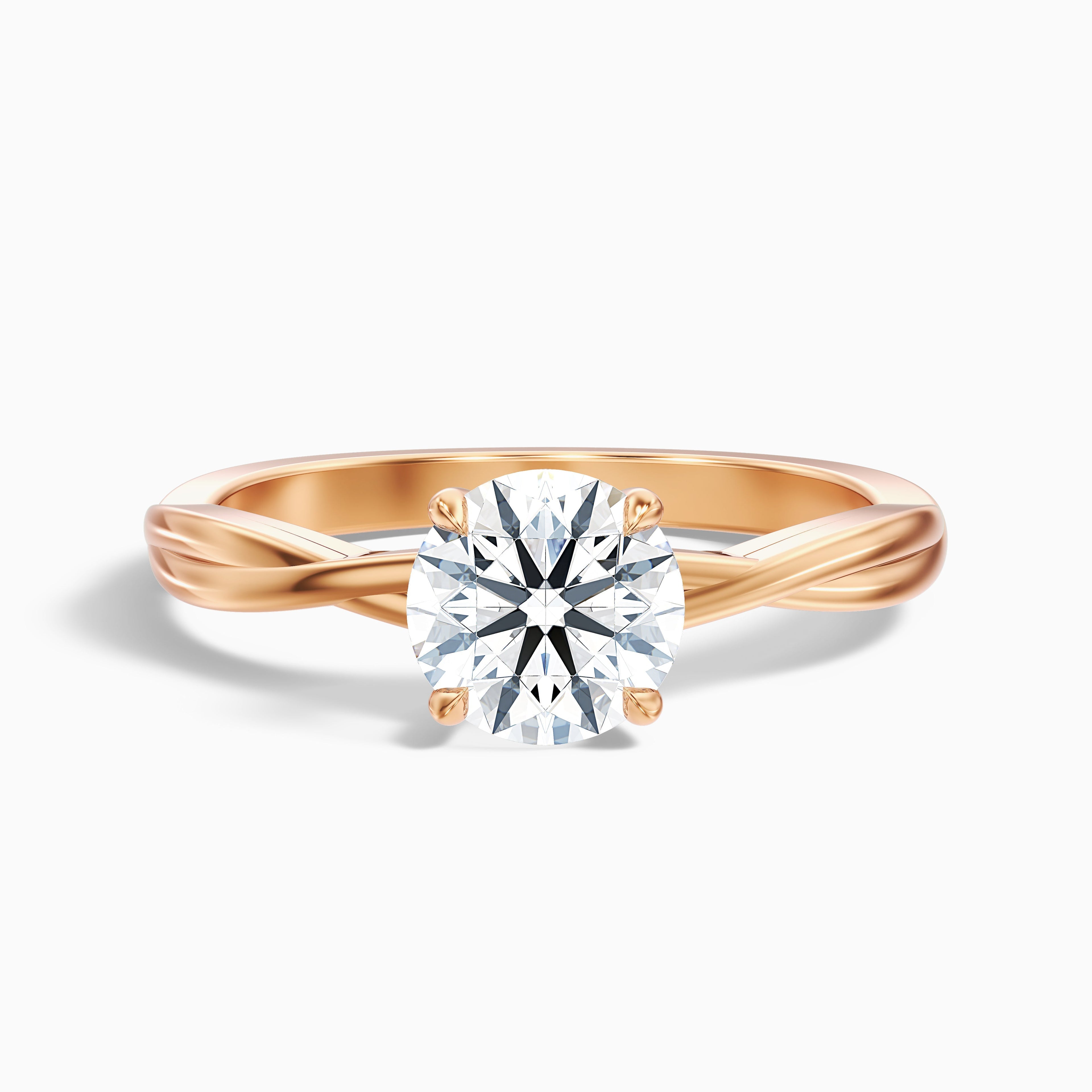 Lucy 3 Carat Round Solitaire Twisted Band Moissanite Diamond Ring in 18k Rose Gold