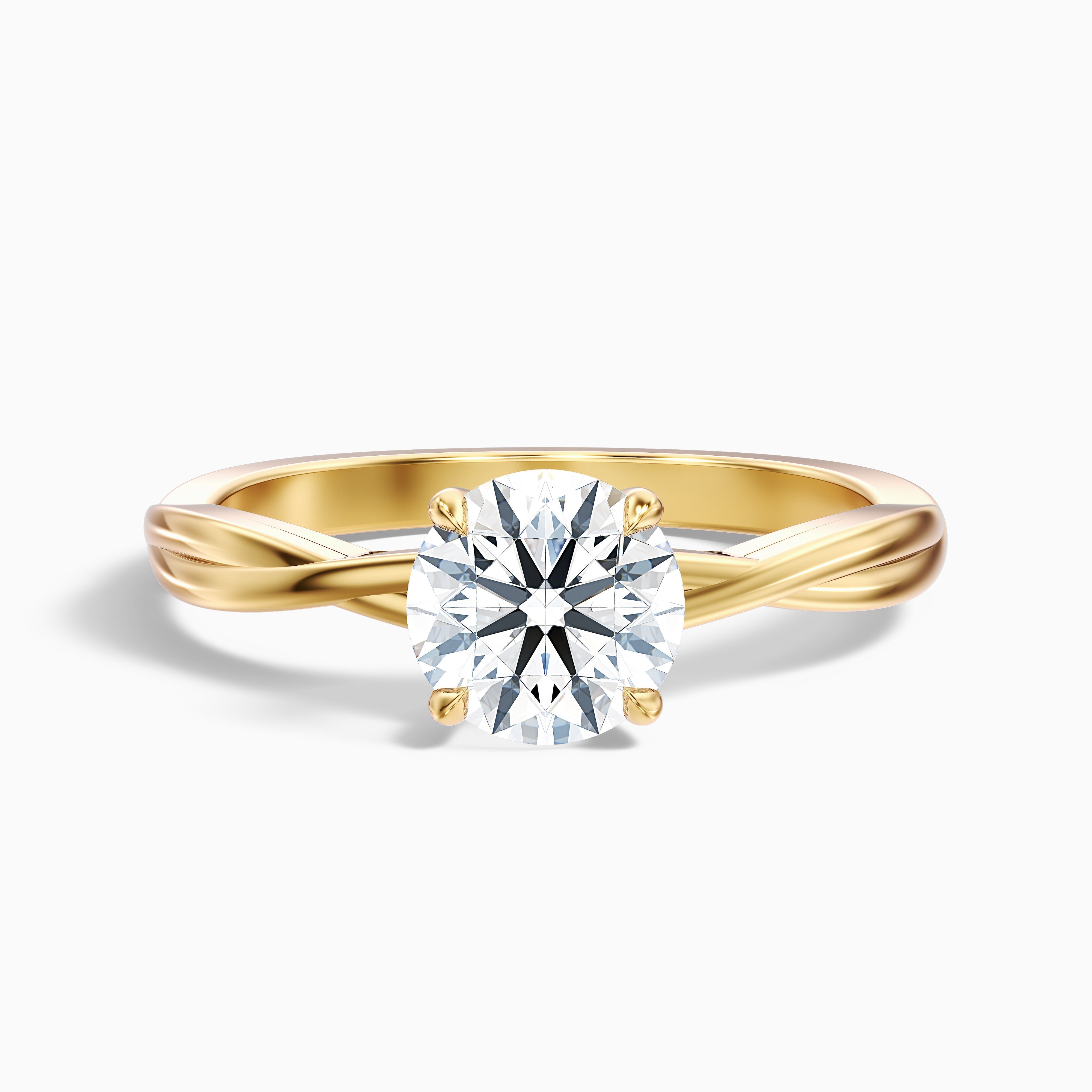Lucy 4 Carat Round Solitaire Twisted Band Moissanite Diamond Ring in 14k Yellow Gold
