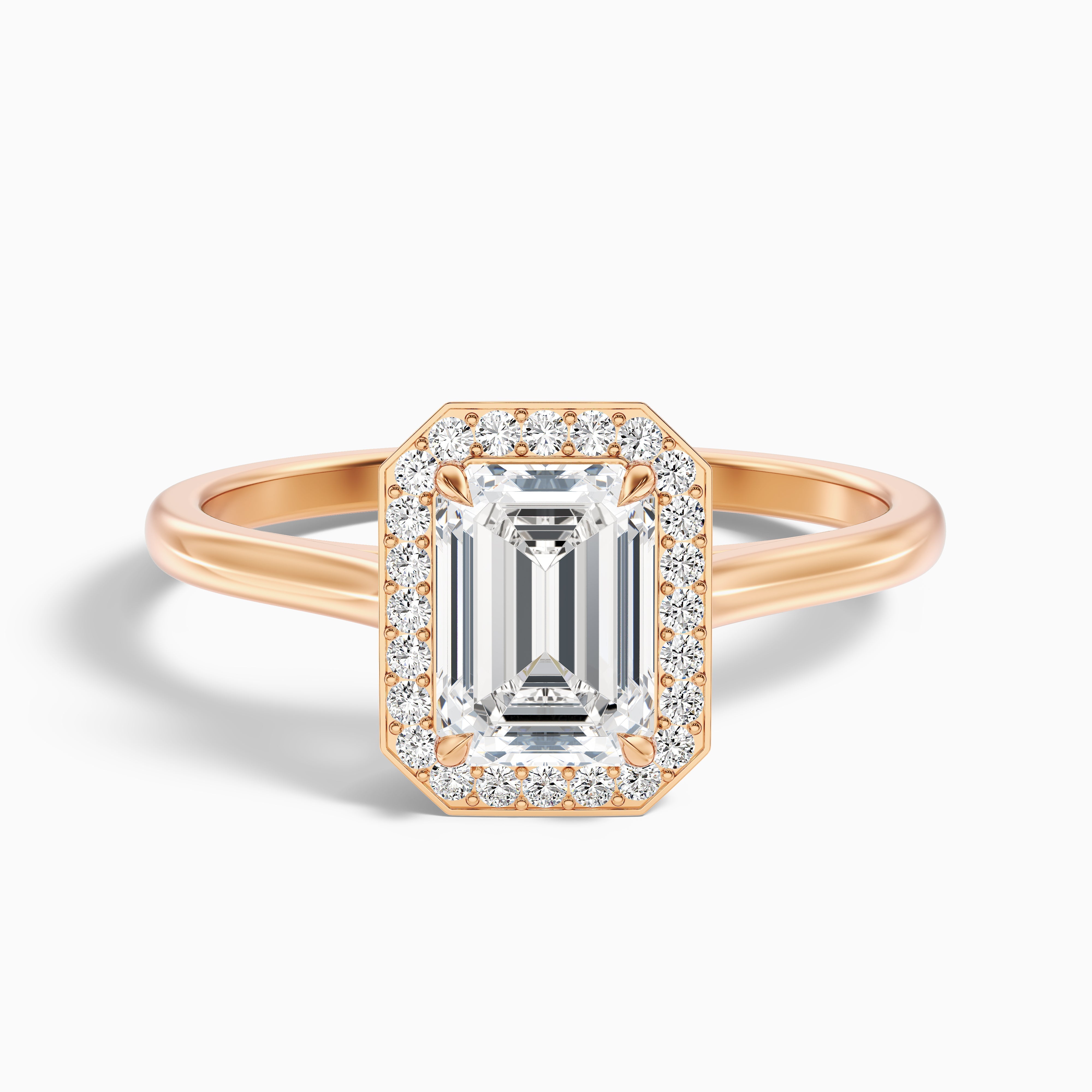 Lara 5 Carat Emerald Cut Halo Moissanite Diamond Ring in 14k Rose Gold