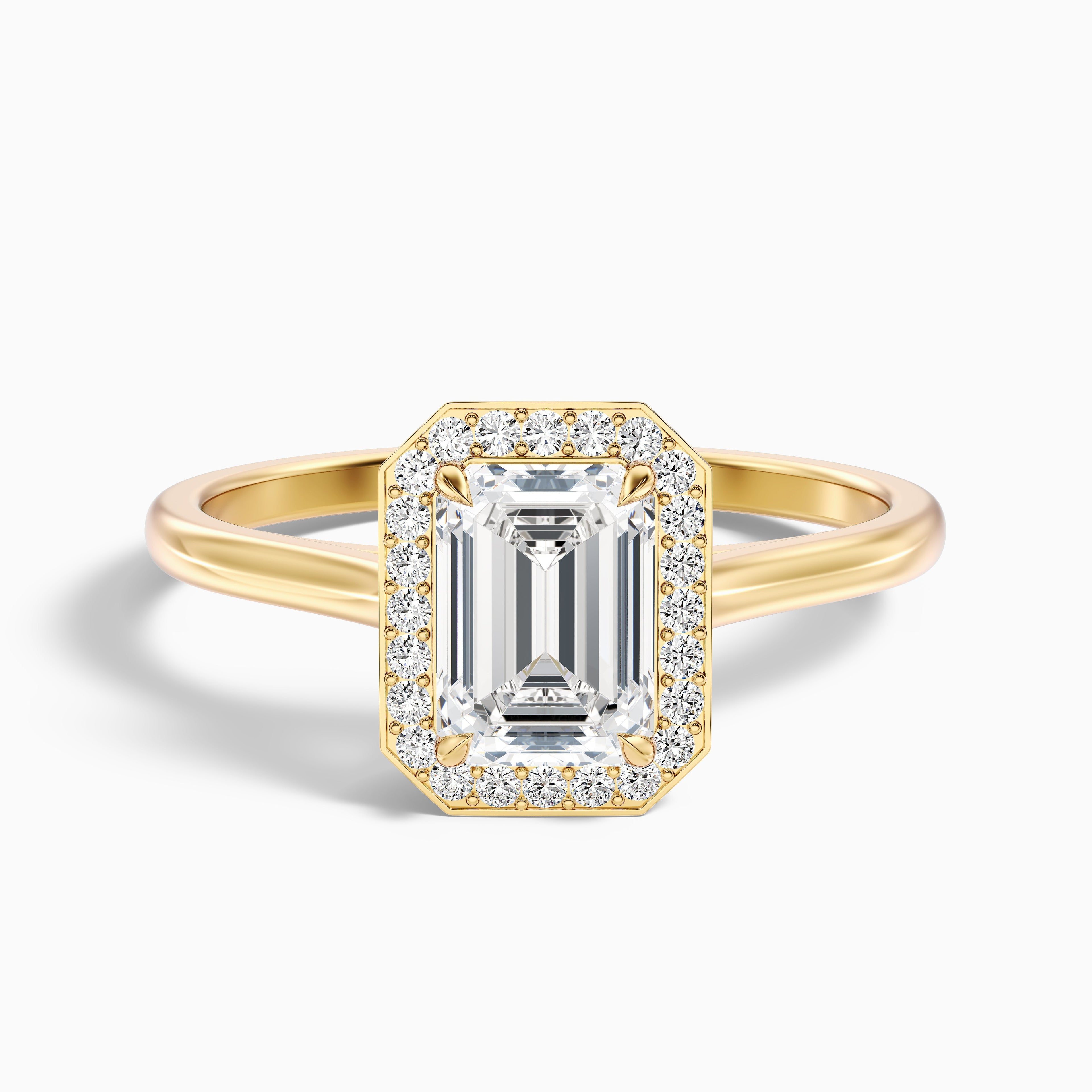 Lara 1 Carat Emerald Cut Halo Moissanite Diamond Ring in 14k Rose Gold
