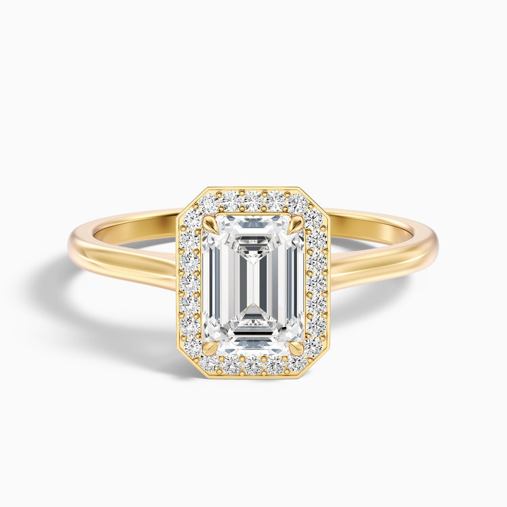 Lara 3 Carat Emerald Cut Halo Moissanite Diamond Ring in 14k Yellow Gold