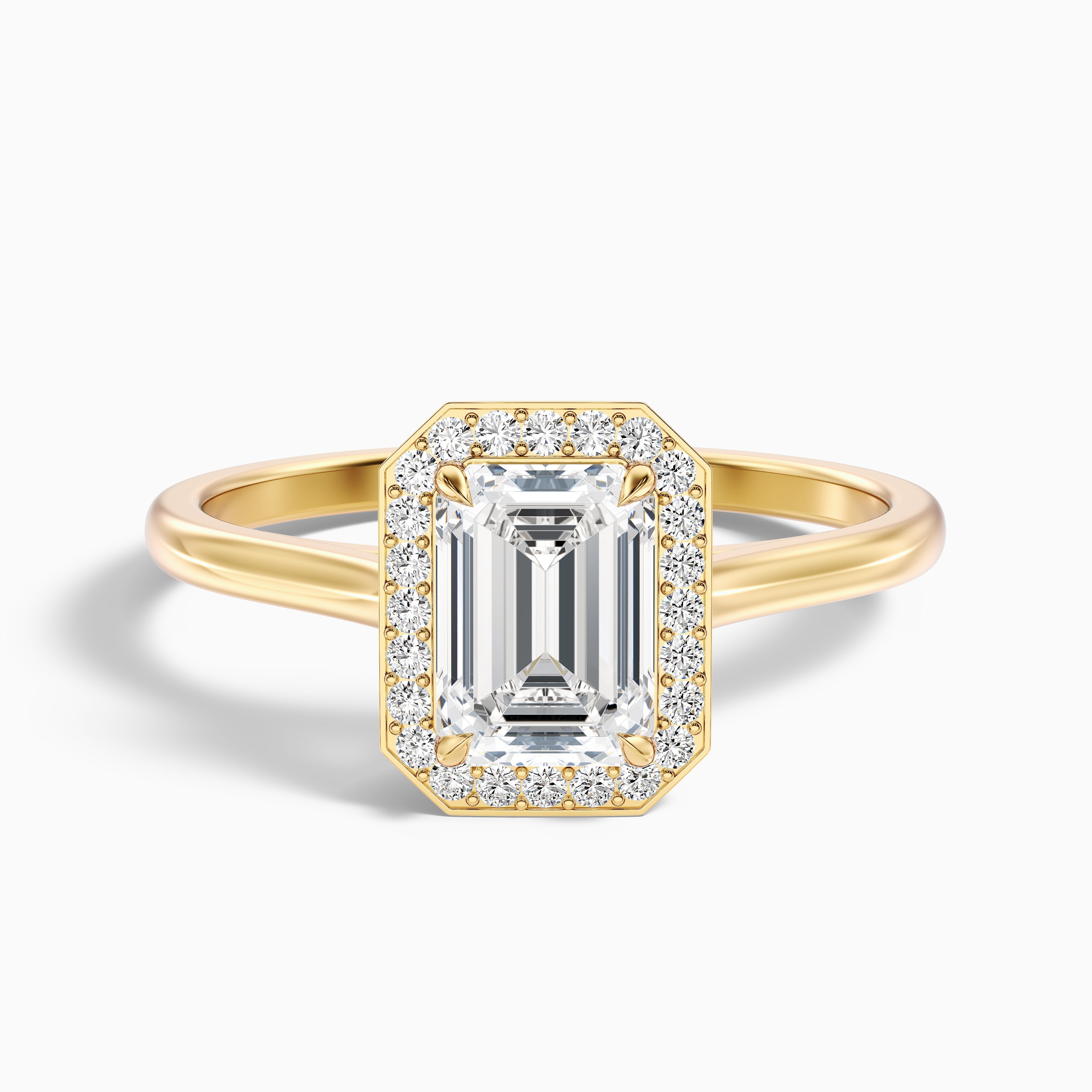 Lara 5 Carat Emerald Cut Halo Moissanite Diamond Ring in 14k Yellow Gold