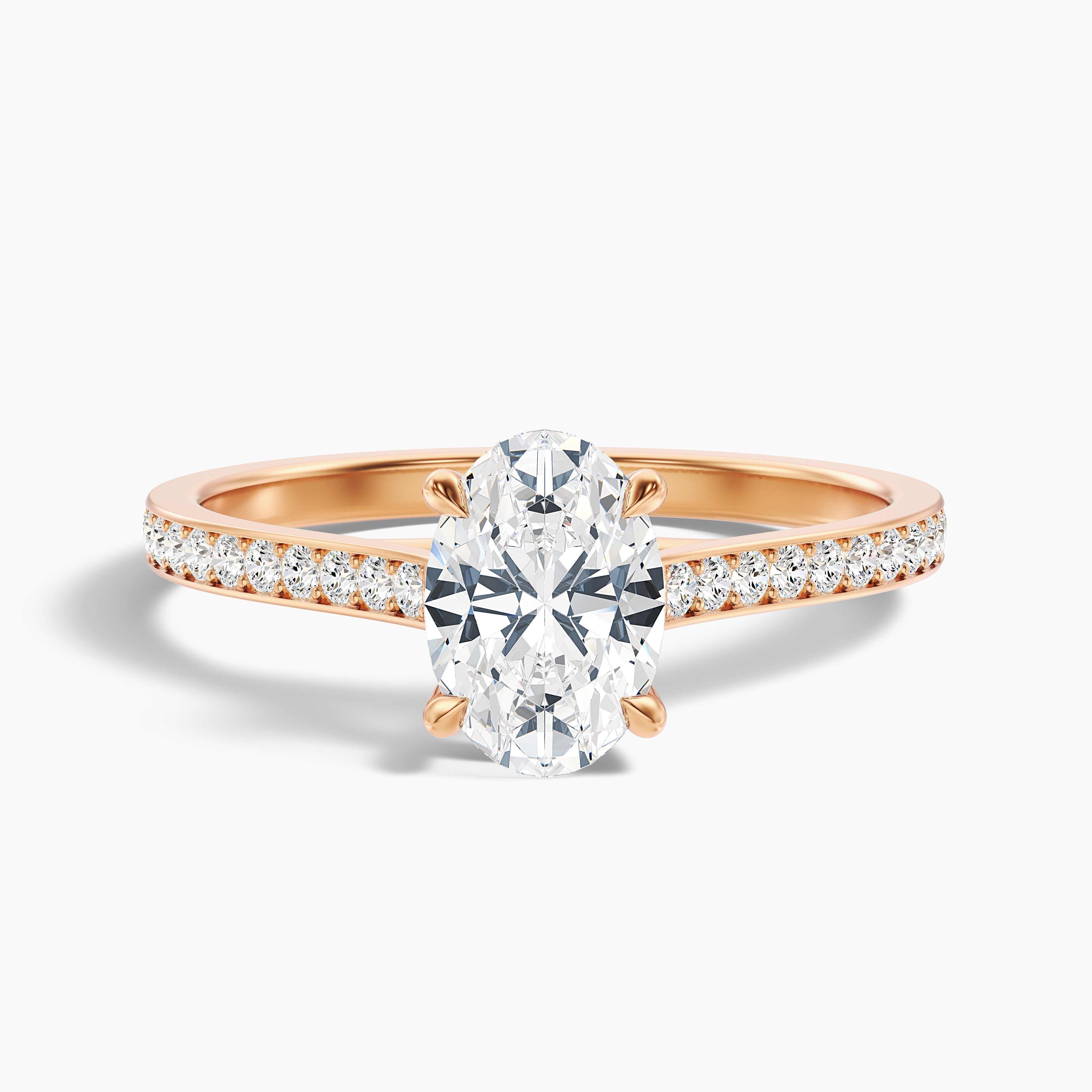 Carla 5.5 Carat Oval Cut Side Stone Pave Moissanite Diamond Ring in 14k Rose Gold