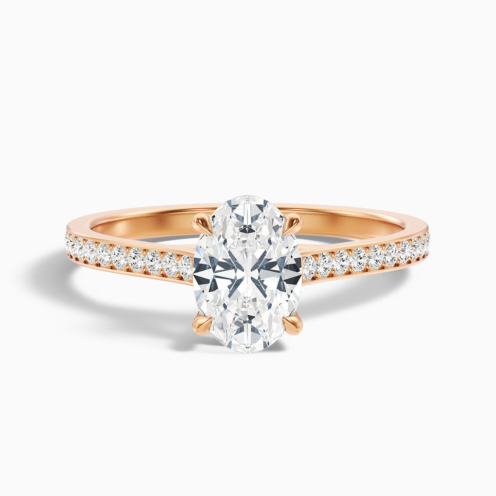 Carla 4 Carat Oval Cut Side Stone Pave Moissanite Diamond Ring in 10k Yellow Gold
