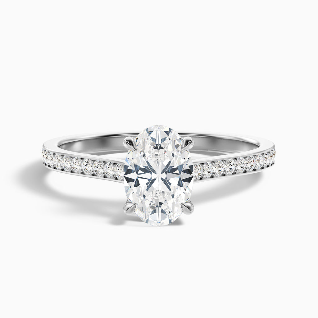 Carla 3 Carat Oval Cut Side Stone Pave Moissanite Diamond Ring in 14k White Gold