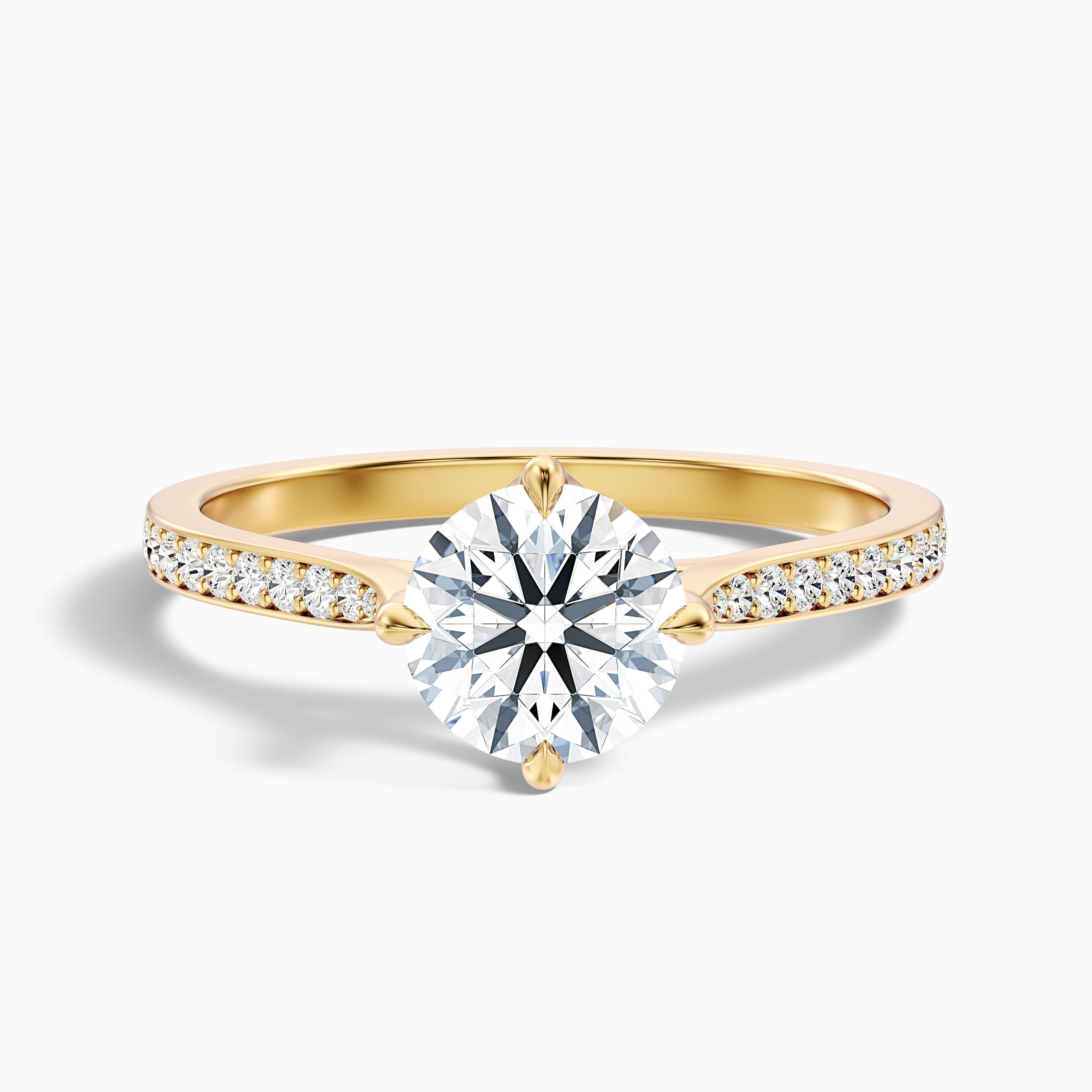 Alexa 1 Carat Round Side Stone Pave Moissanite Diamond Ring in 14k Yellow Gold