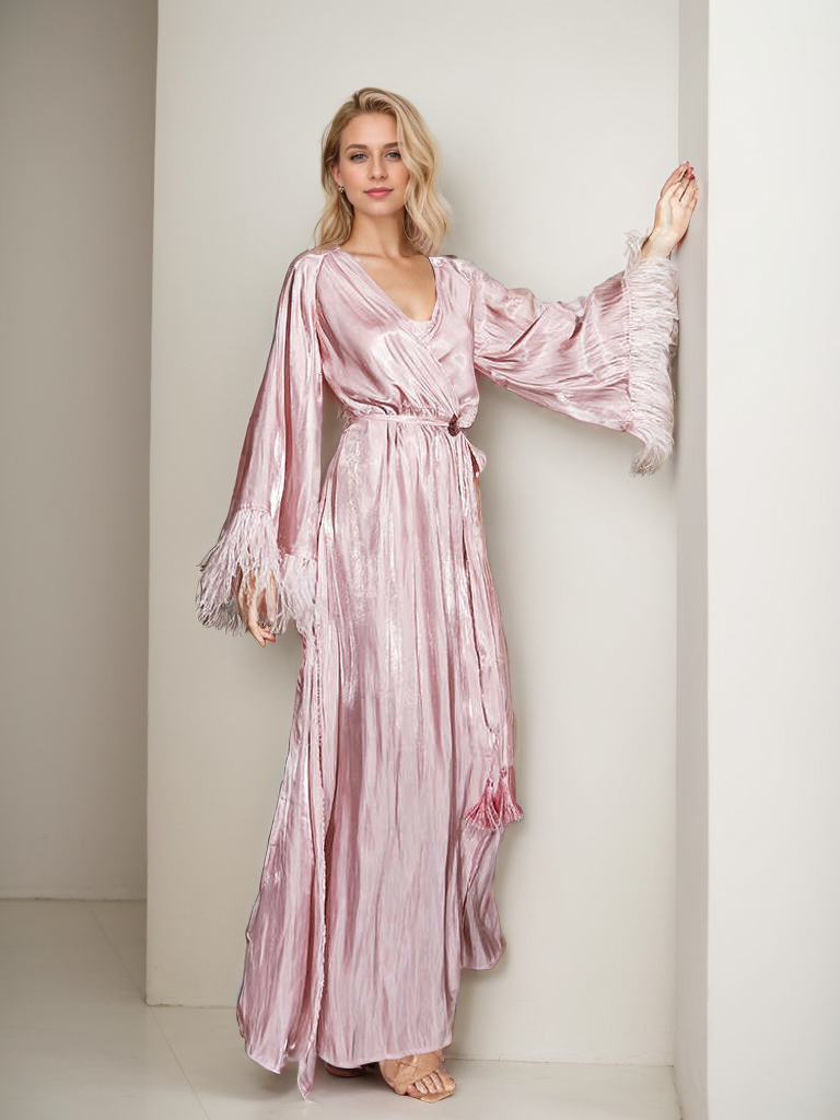 Luxury Feather-Trimmed Satin Robe - Elegant Full-Length Lounge & Bridal Wear SelenaHuanStudio