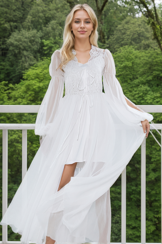 Boho Lace Embroidered Long Sheer Robe Set with Camisole Dress