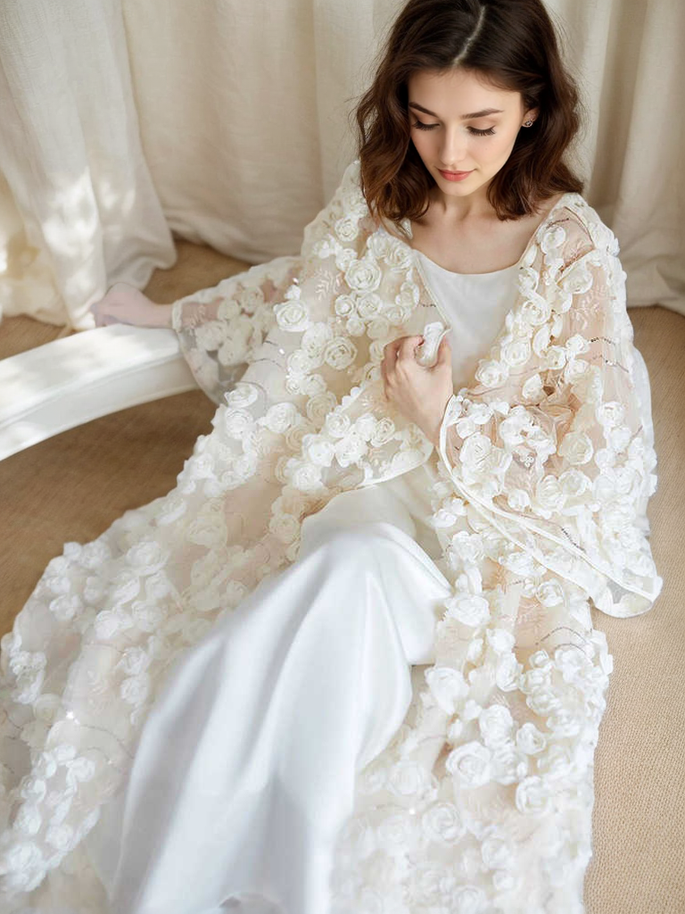 Ethereal 3D Floral Lace Bridal Robe – Elegant Sheer Wedding Cover-Up SelenaHuanStudio