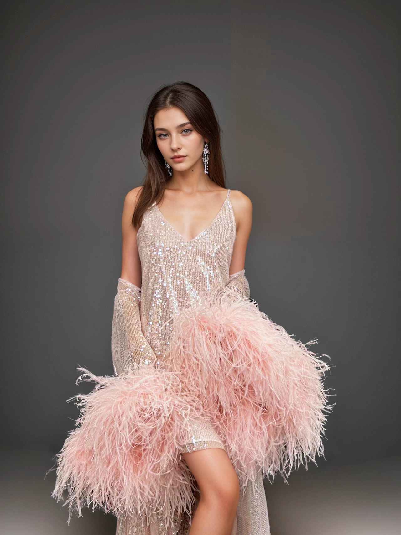Ostrich Feather sequin mesh long robe dress with nightgown pink ivory-next day shipping SelenaHuanStudio