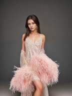 Ostrich Feather sequin mesh long robe dress with nightgown pink ivory-next day shipping SelenaHuanStudio