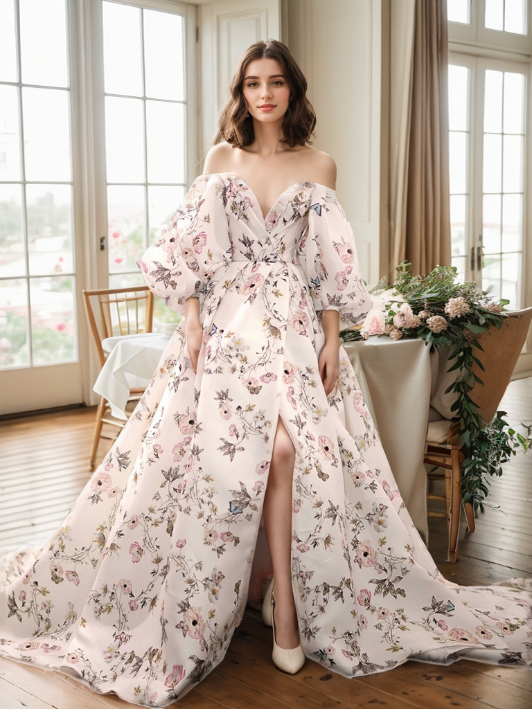 Avera - Sexy floral printed butterfly pattern front-slit bishop sleeves off-the-shoulder Satin Wedding Dress Gown SelenaHuanStudio