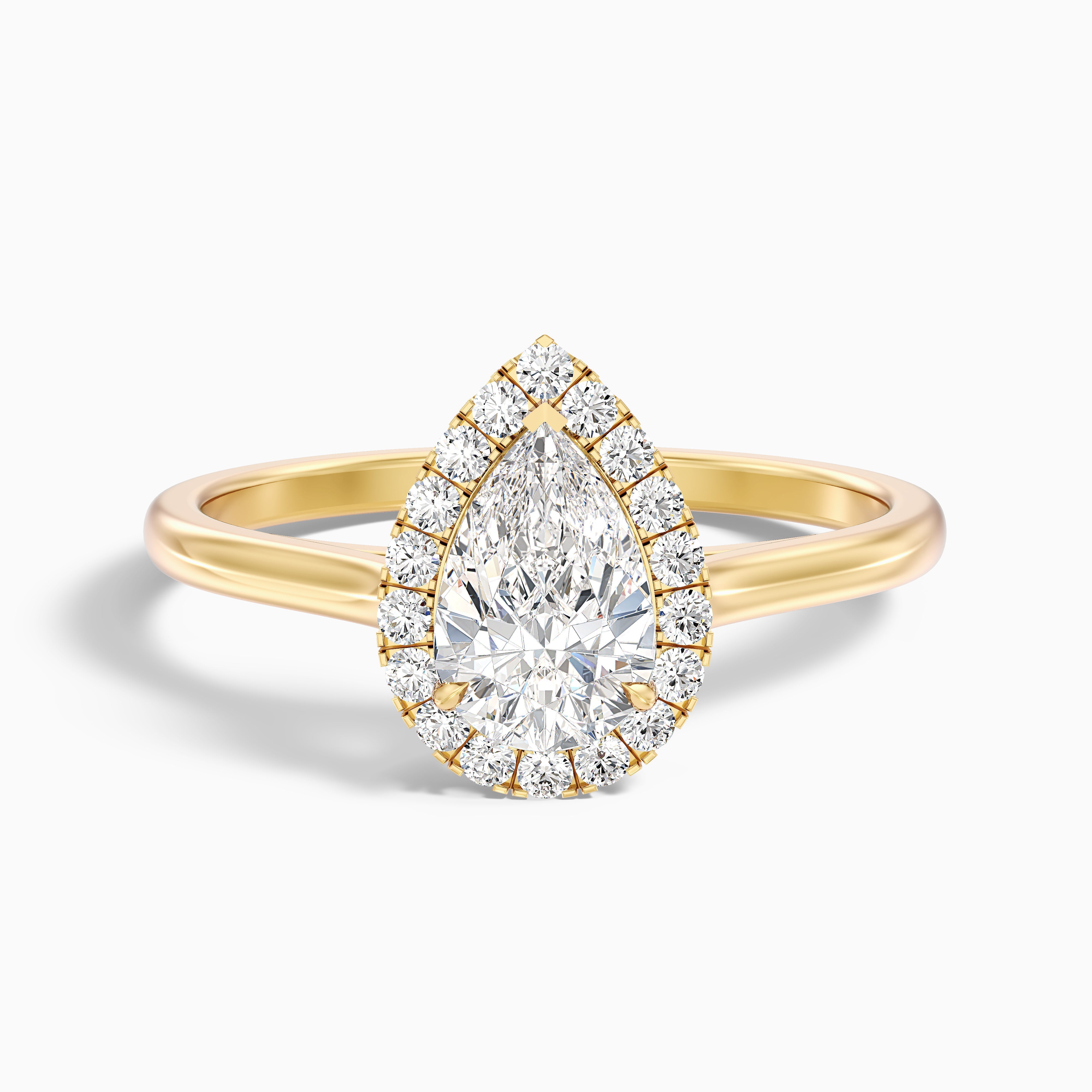 Arya 5 Carat Pear Halo Moissanite Diamond Ring in 14k Yellow Gold