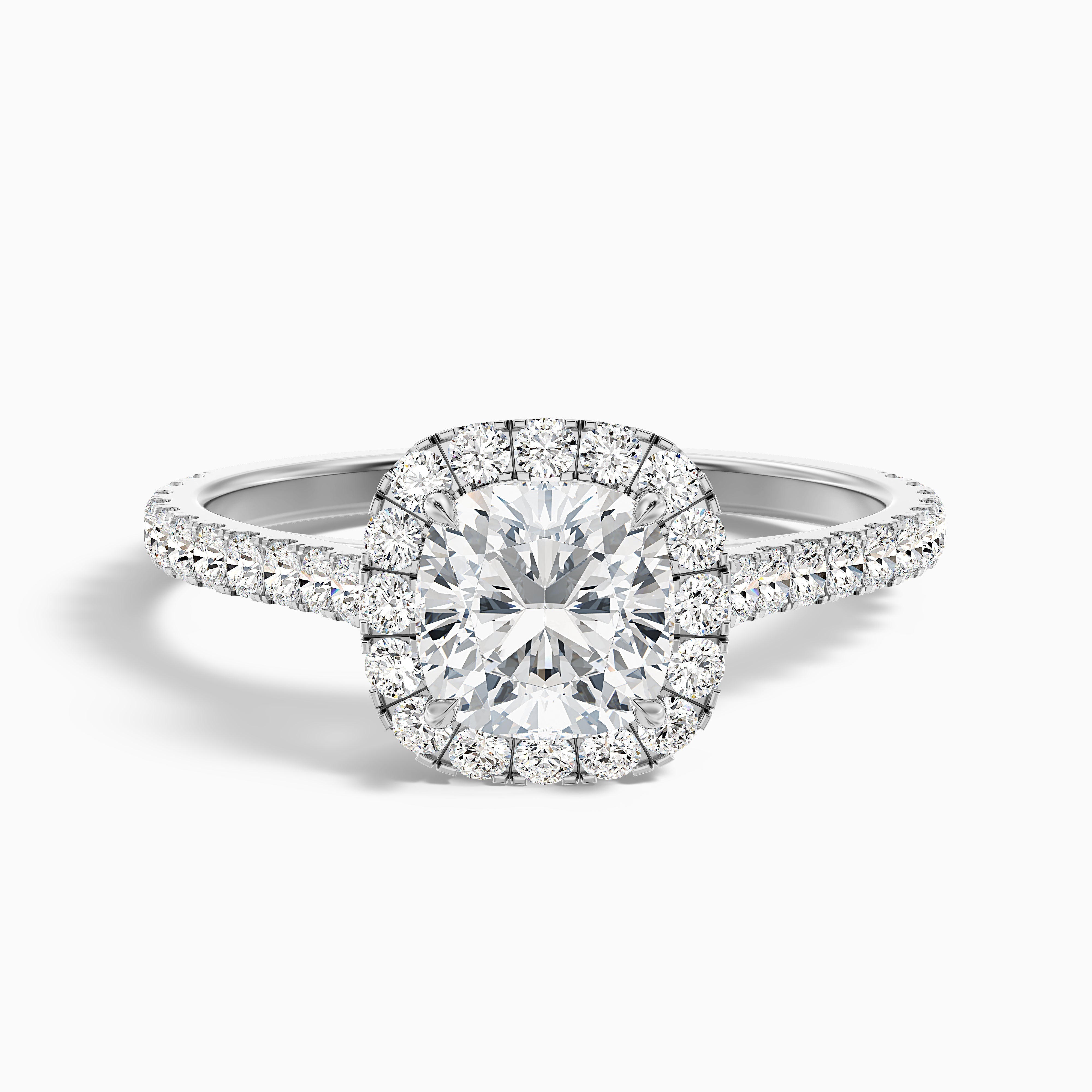 Jini 5 Carat Cushion Cut Halo Pave Moissanite Diamond Ring in 14k White Gold