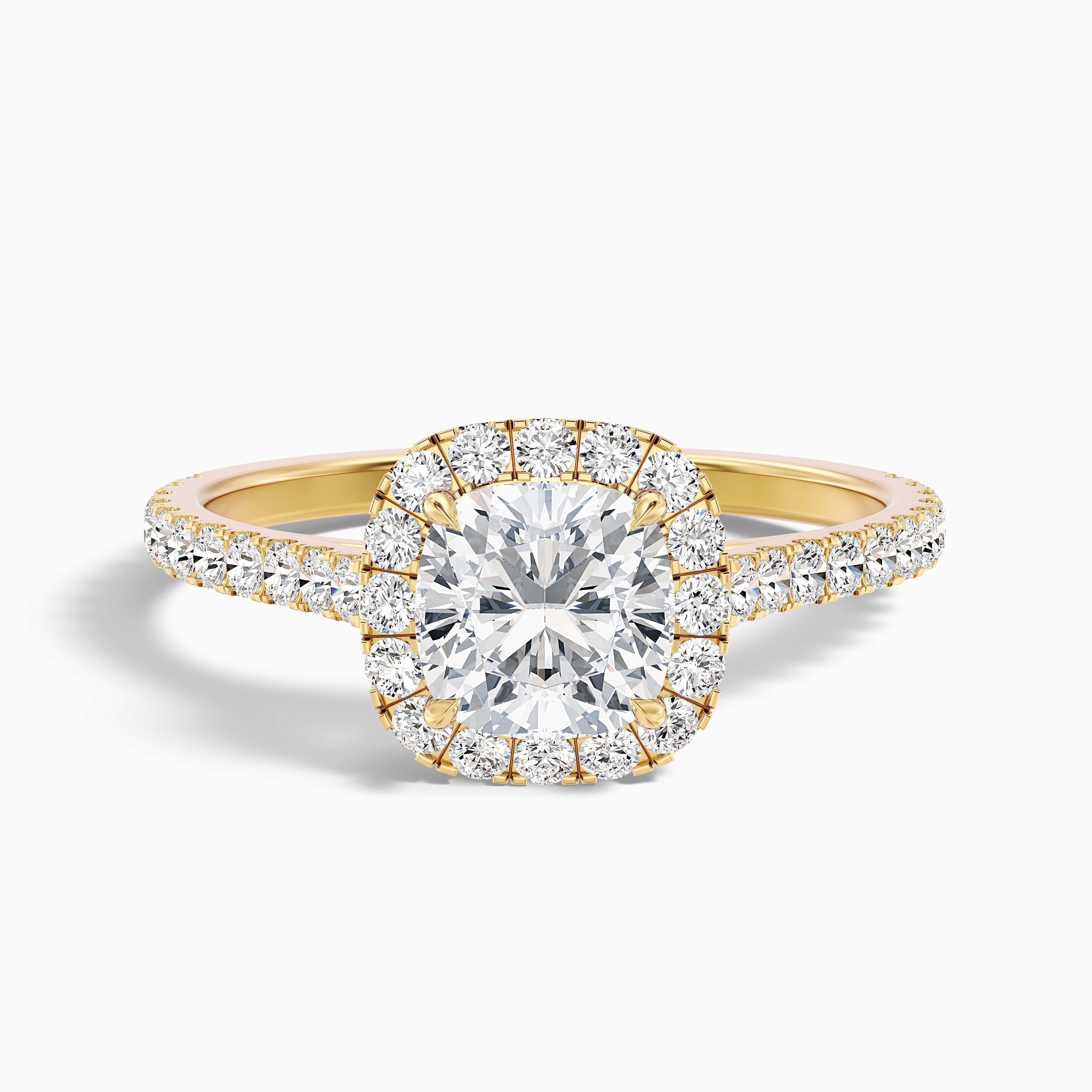 Jini 5.5 Carat Cushion Cut Halo Pave Moissanite Diamond Ring in 14k Yellow Gold