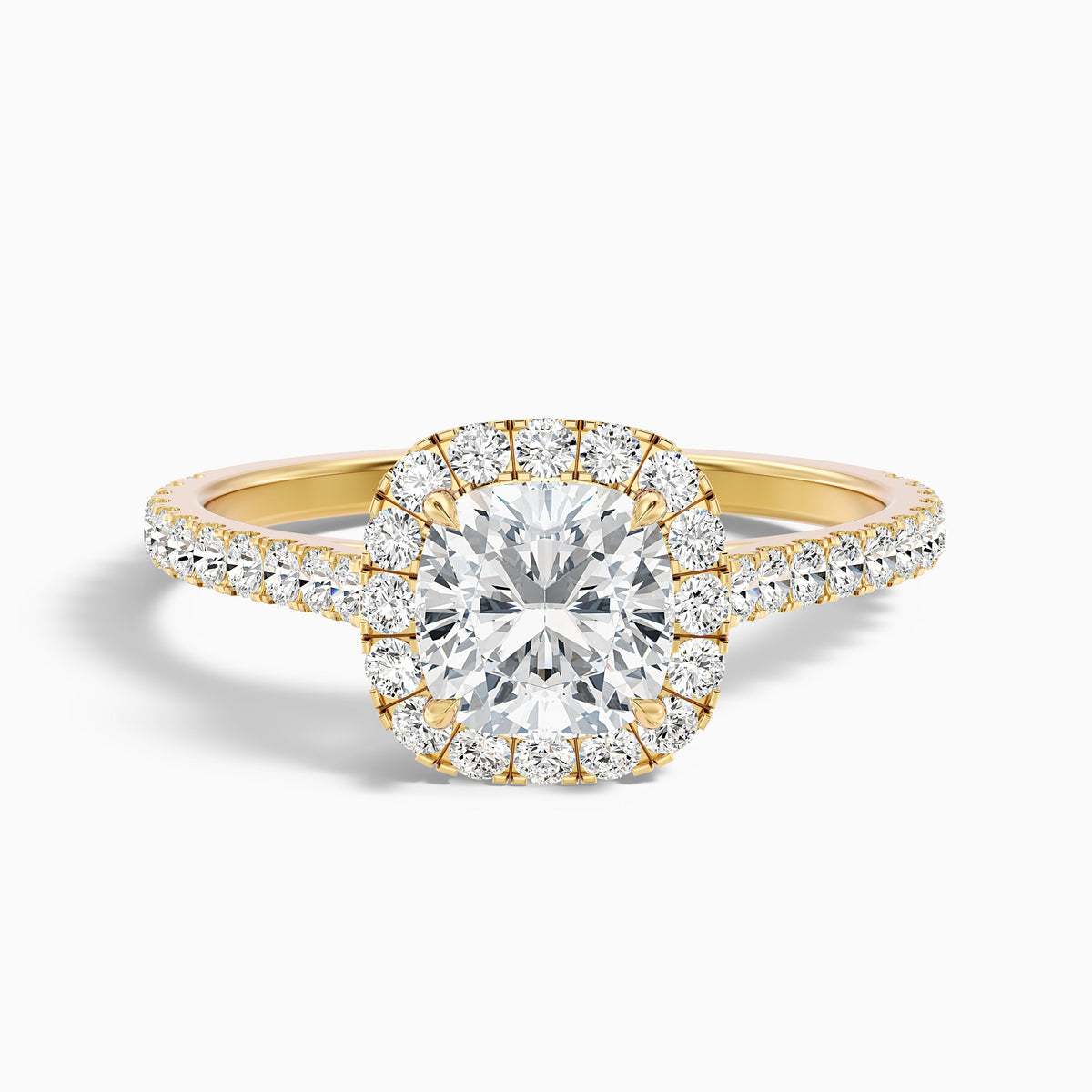 Jini 2 Carat Cushion Cut Halo Pave Moissanite Diamond Ring in 18k White Gold