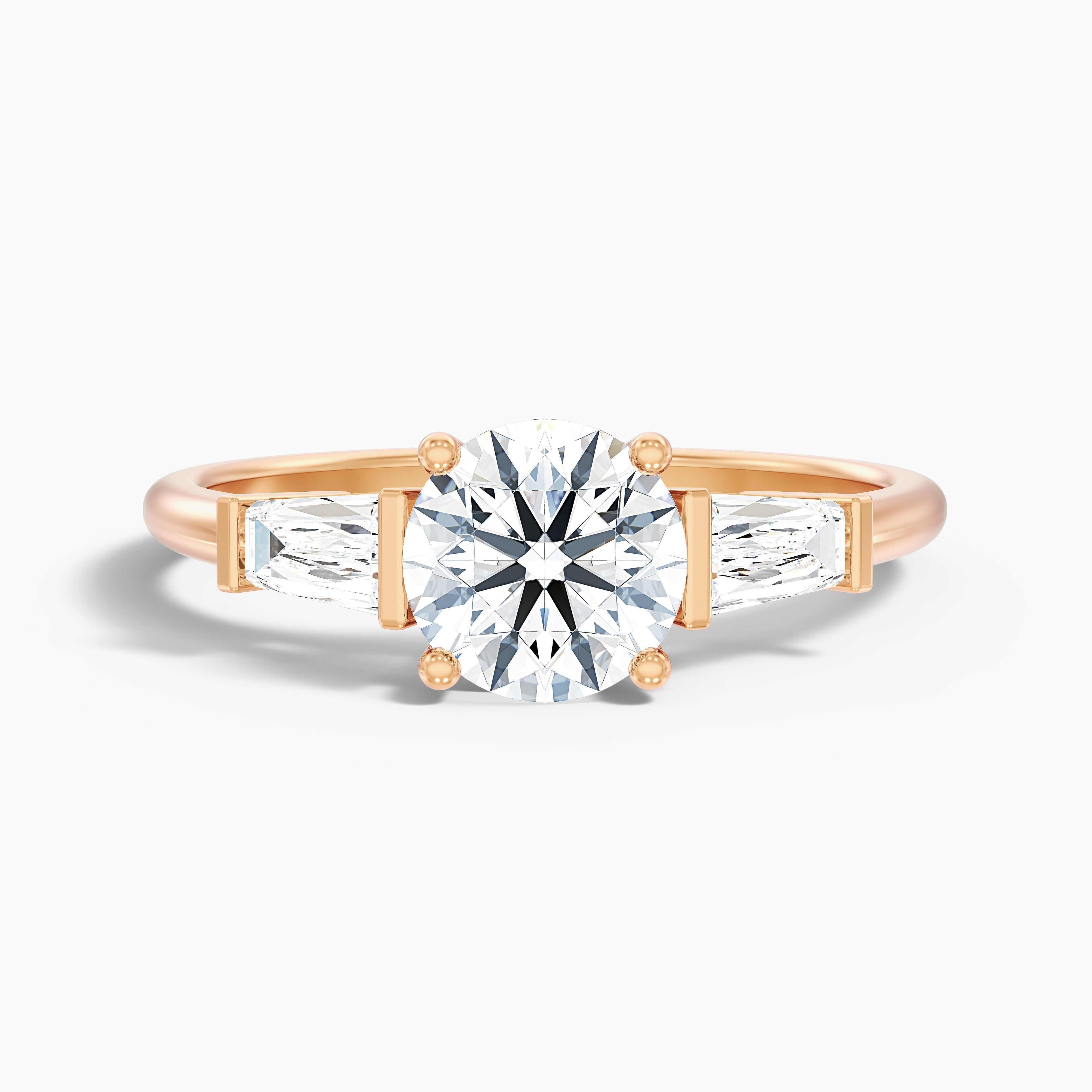 Hope 4.5 Carat Round 3 Stone Moissanite Diamond Ring With Side Baguette Diamonds in 18k Rose Gold