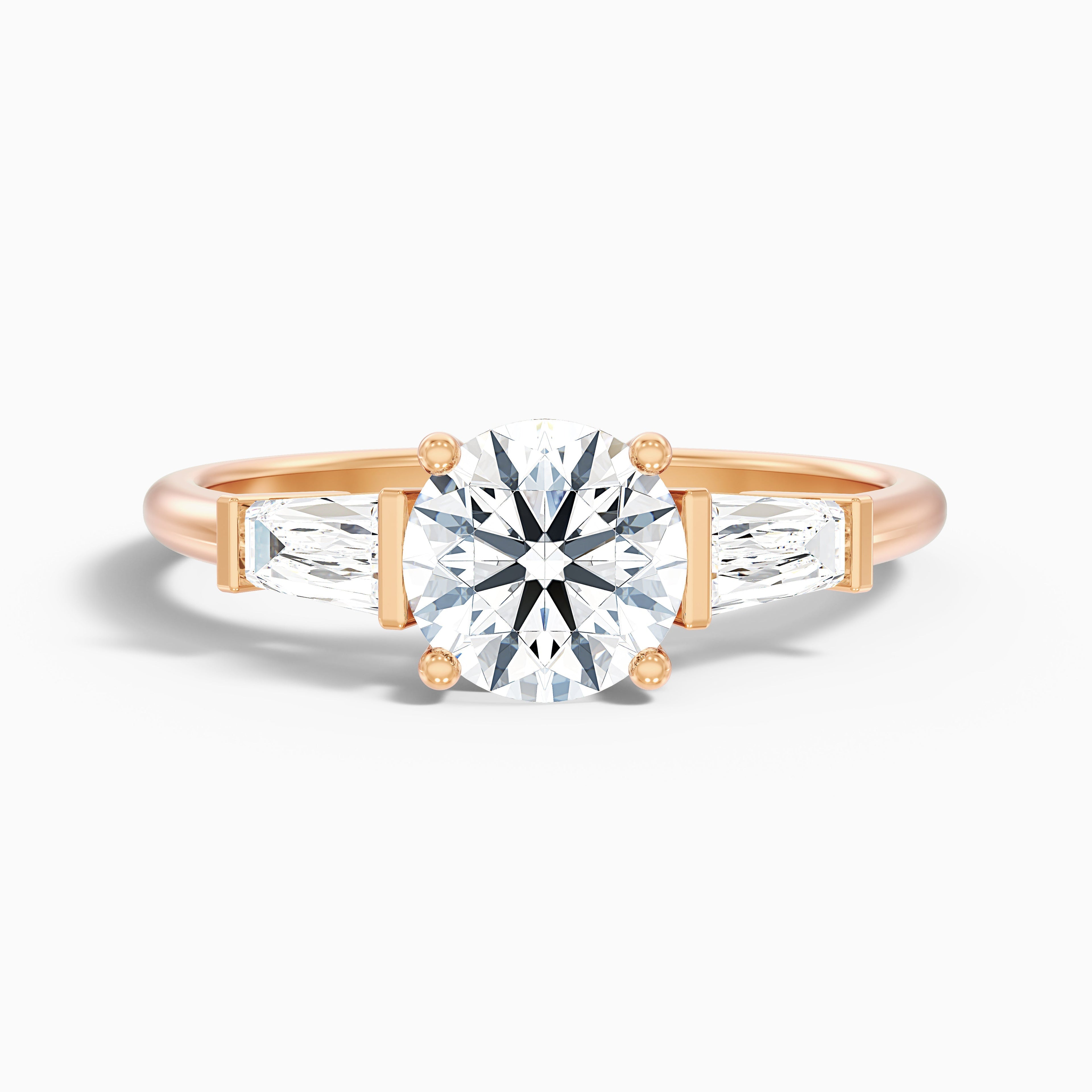 Hope 5.5 Carat Round 3 Stone Moissanite Diamond Ring With Side Baguette Diamonds in 14k Rose Gold