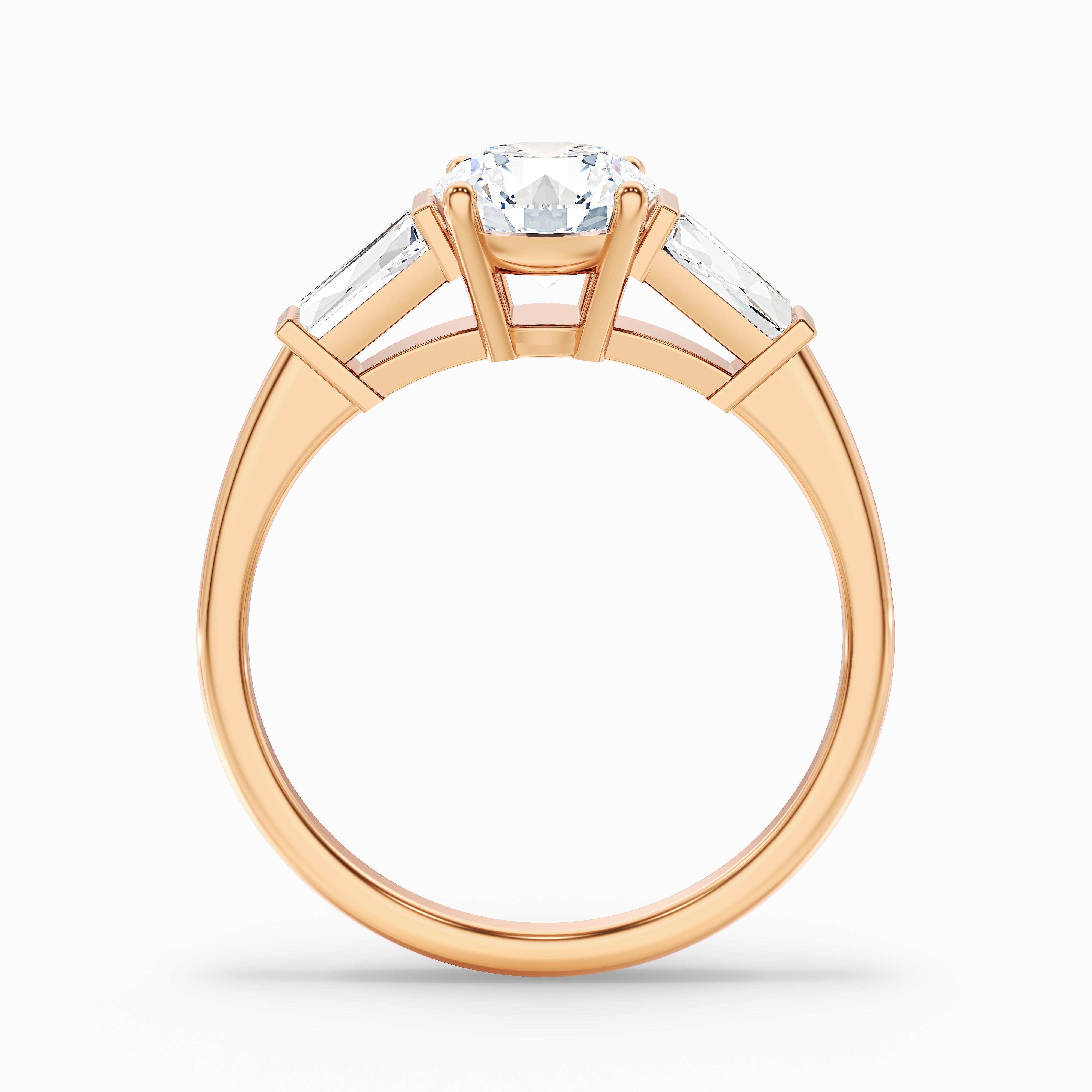 Hope 5.5 Carat Round 3 Stone Moissanite Diamond Ring With Side Baguette Diamonds in 18k Rose Gold